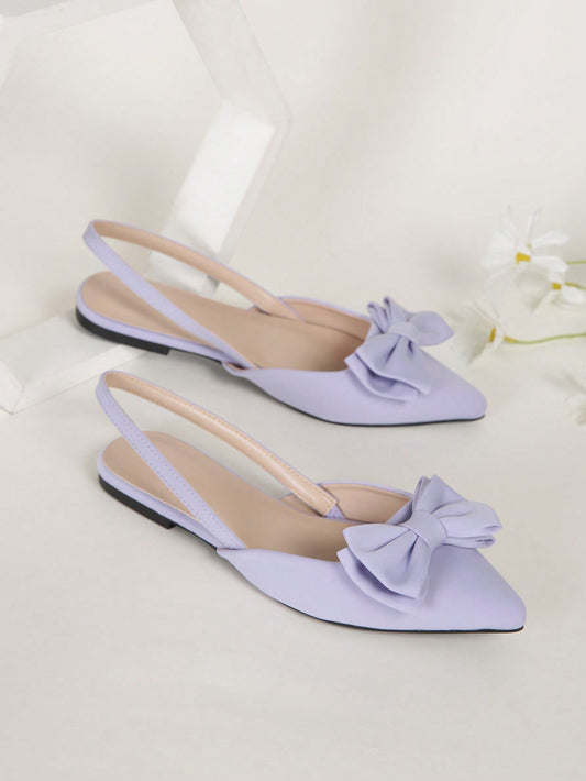 Women's Purple Flat Shoes With Bow-Knot Decoration, Pointed Toe, Slip-On Style, Suitable For Both Outdoor And Daily Wear