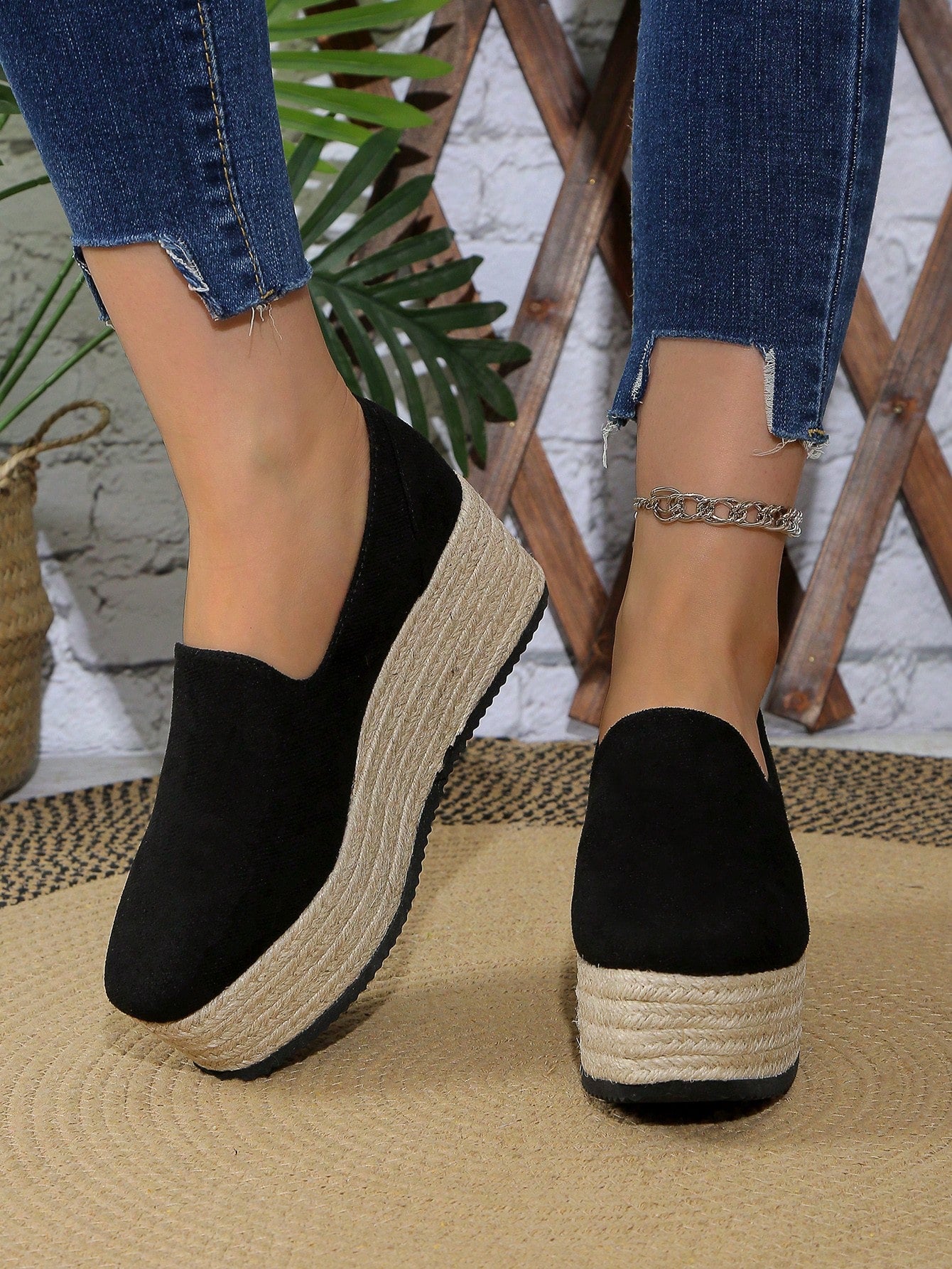 Women's Round Toe High Heels, Spring/Summer, Large Size, Wedge Heel, Waterproof Platform, Slip-On, Casual Outdoor Shoes, Espadrille Sole, Suede-Like Fabric Surface, Heel Height 35-42, Spring/Fall, Wedge Heel Shoes