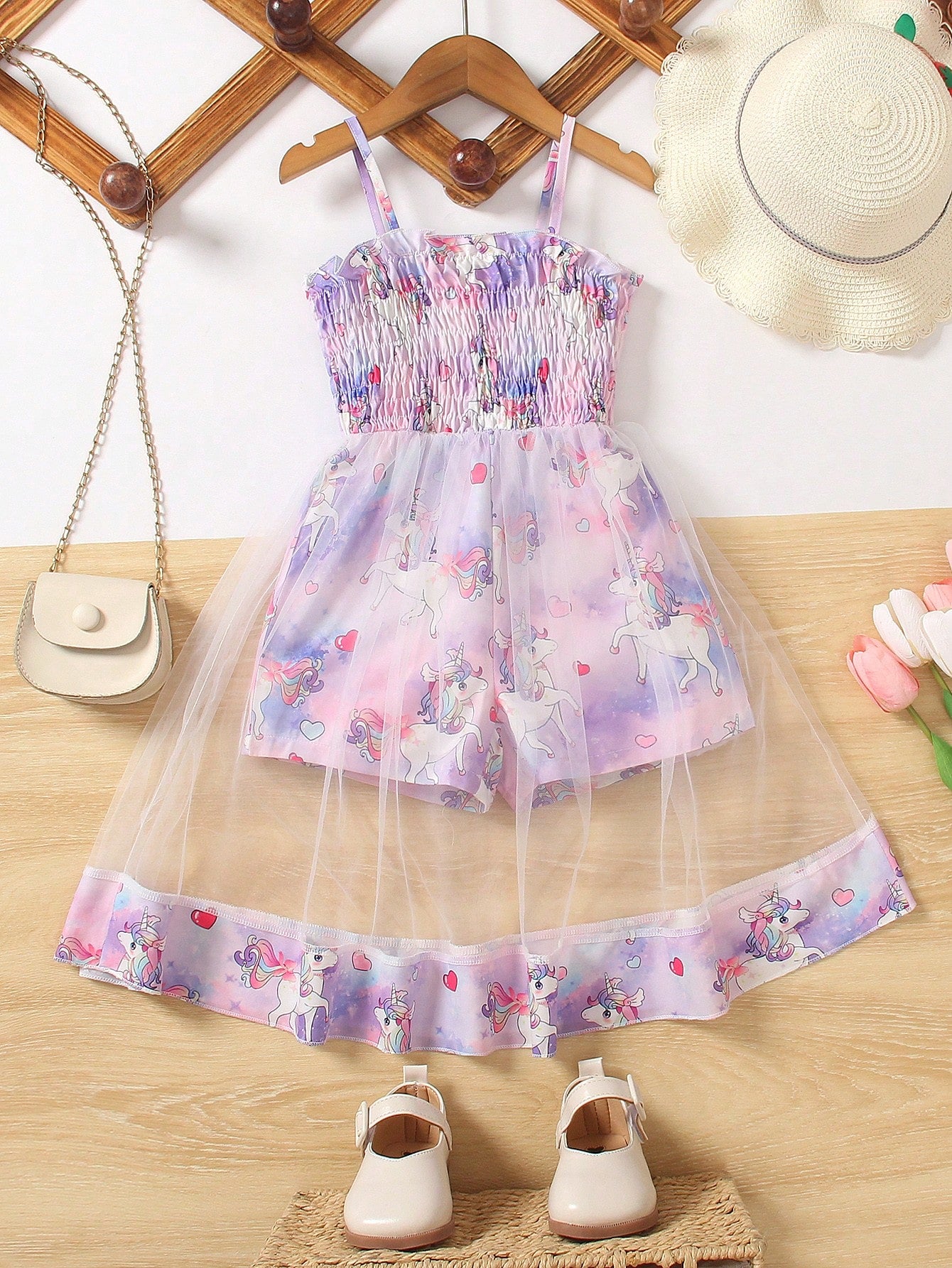 Young Girl New Arrival Sweet And Elegant Style Dress With Spaghetti Straps, Ruched Detailing, Mesh And Ditsy Floral Patchwork For Summer