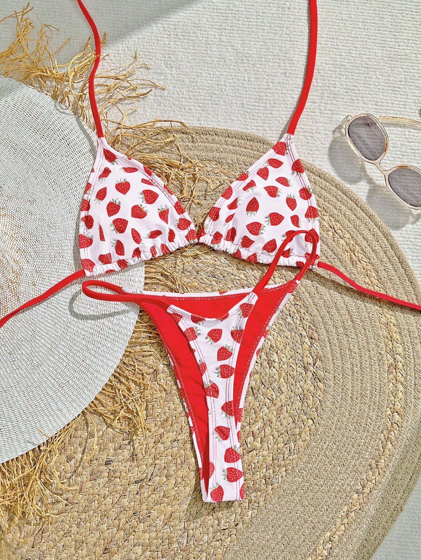 Swim Mod Strawberry Print Vacation Matching Halter Triangle Bralette And Bikini Set, Summer Beach