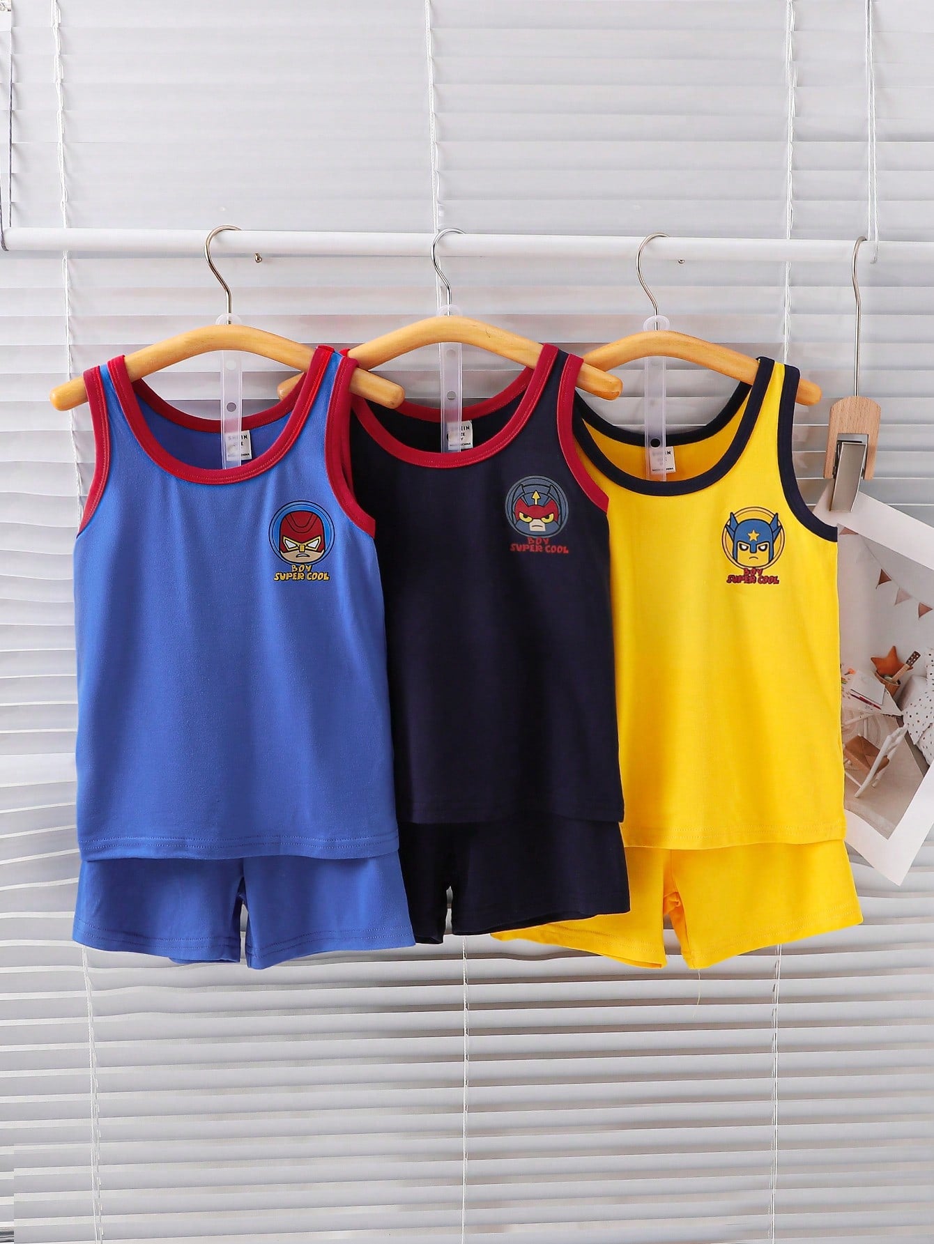 Young Boy 3pcs/Set Solid Color Printed Sleeveless Top And Shorts Underwear Set