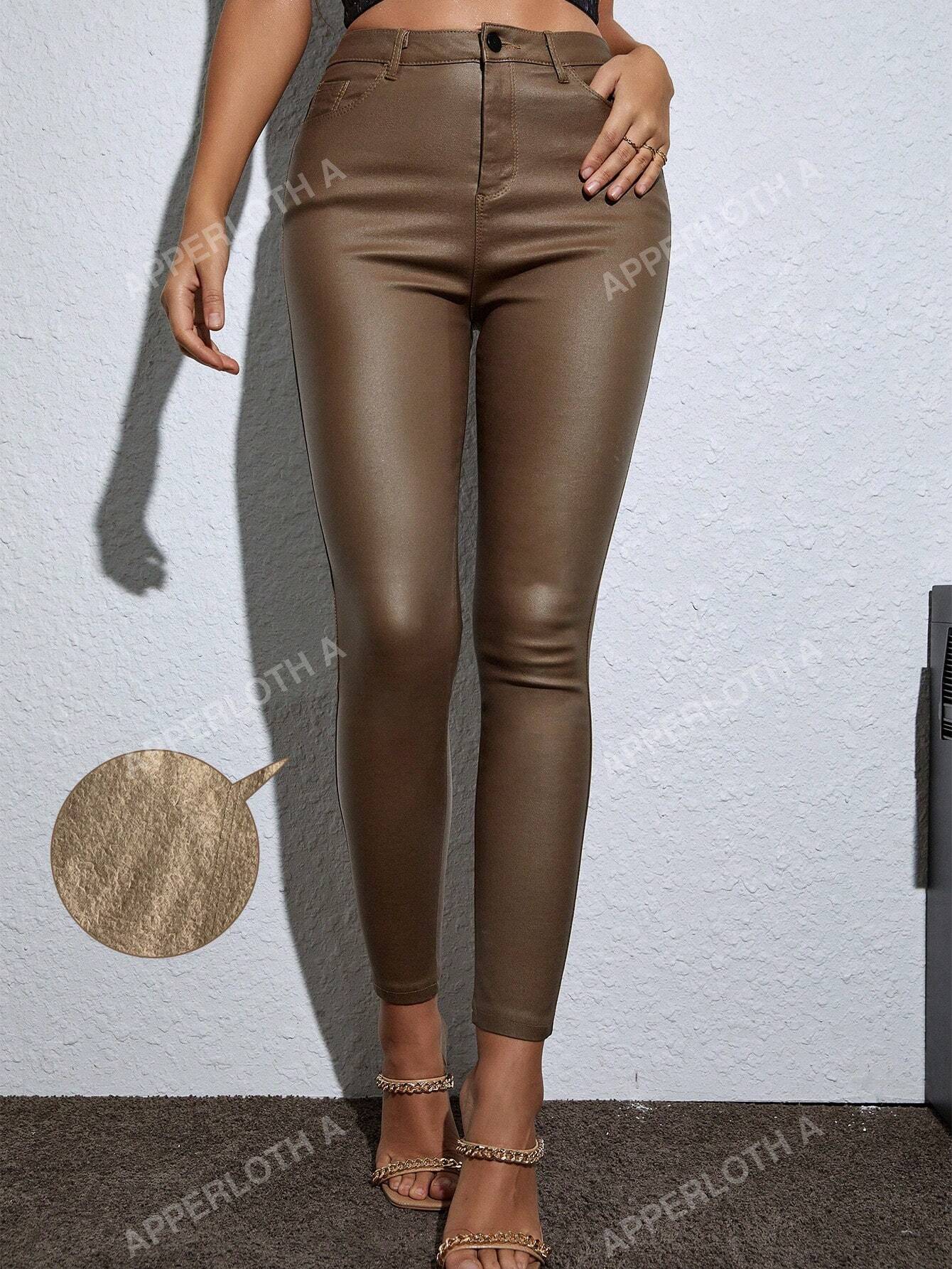 A High Waist Thermal Lined PU Leather Skinny Cropped Pants