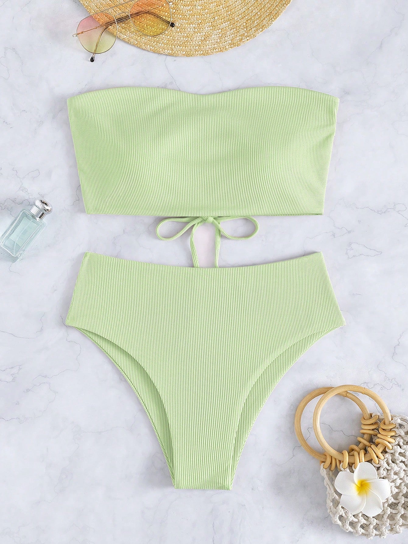 Swim Summer Beach Rib-Knit Bikini Set Lace Up Bandeau Bra Top & High Waist Bikini Bottom 2 Pieces Bikini