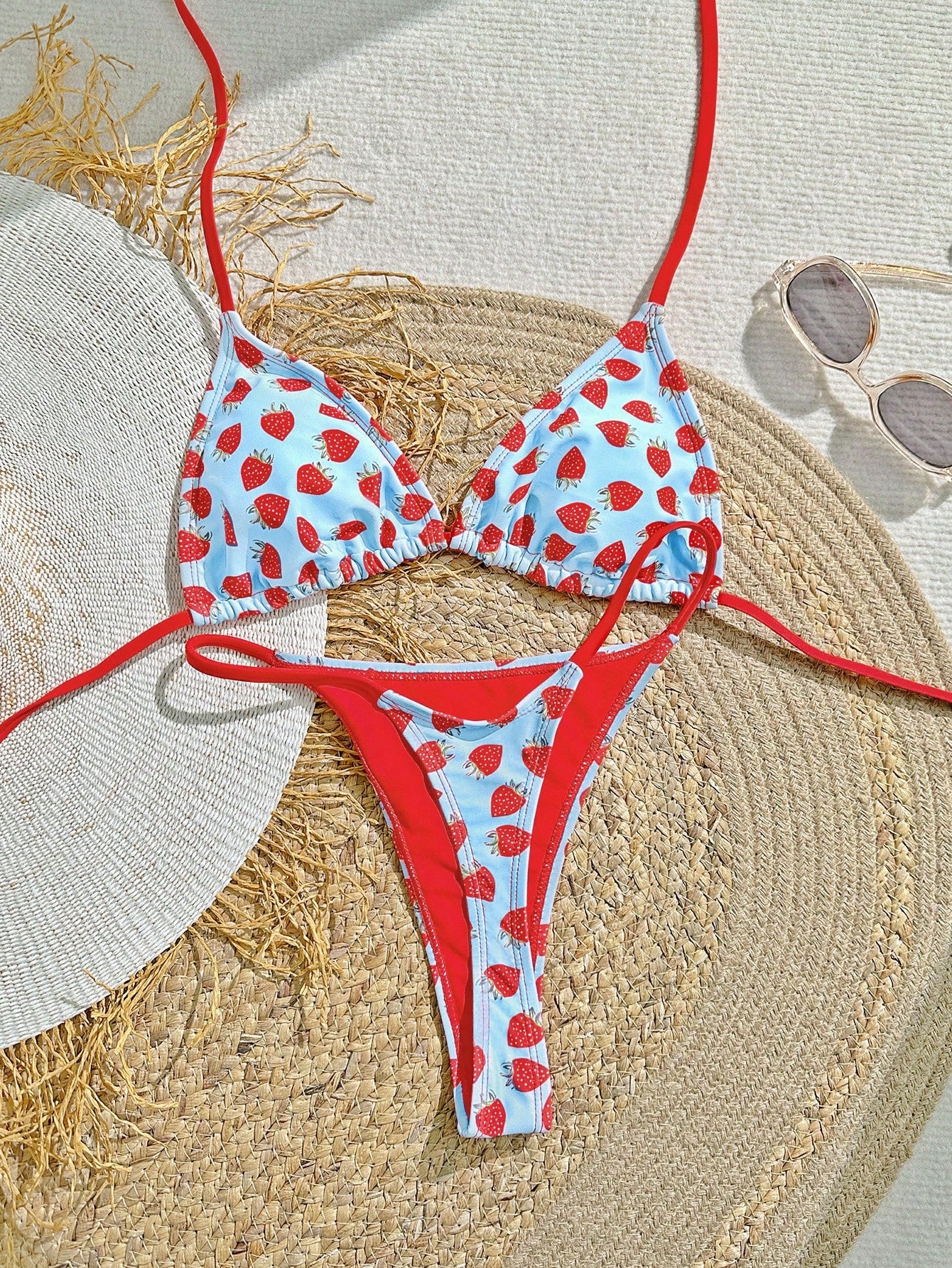 Swim Mod Strawberry Print Vacation Matching Halter Triangle Bralette And Bikini Set, Summer Beach