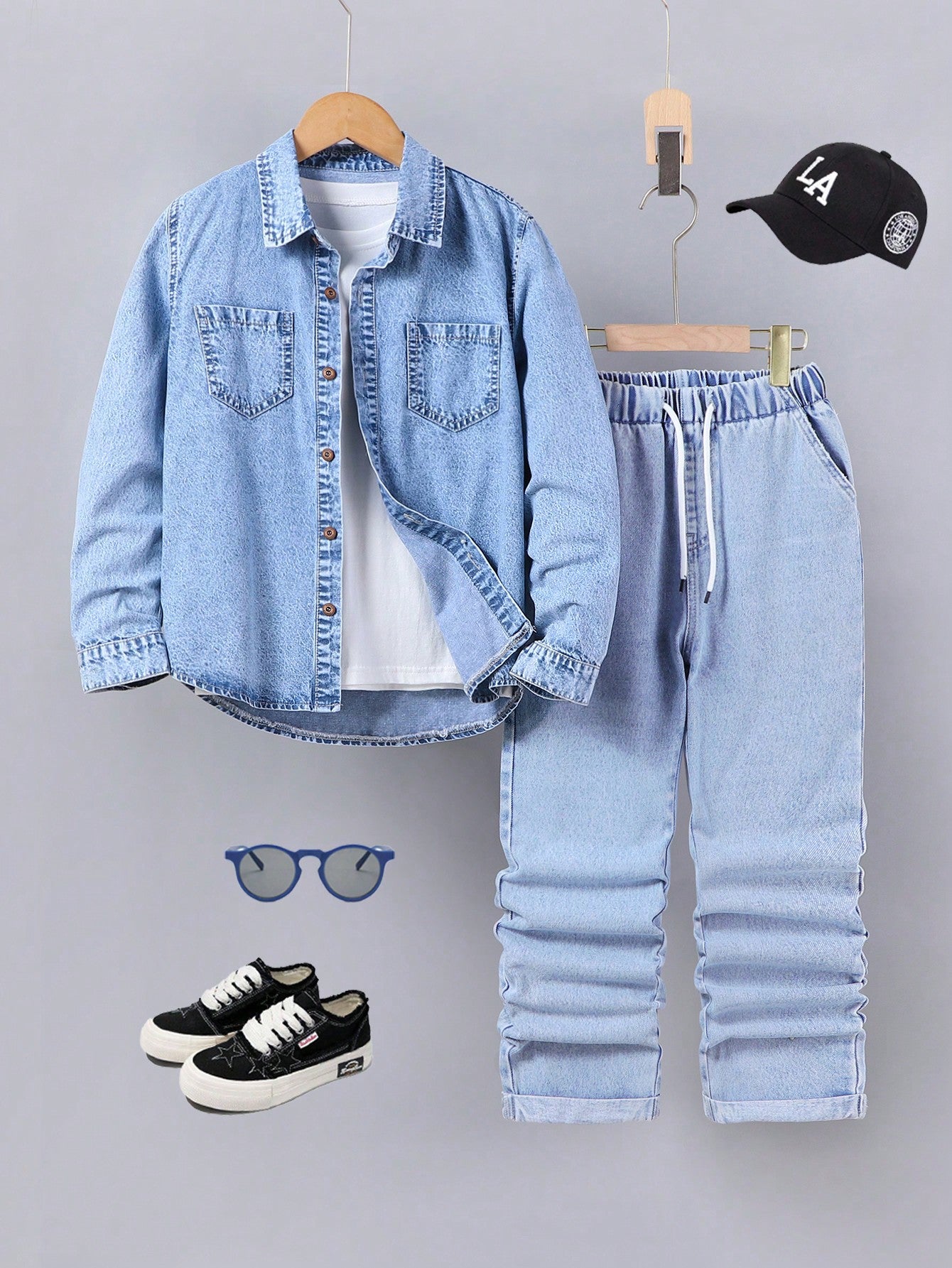 Tween Boy All-Match Simple Loose Fit Denim Shirt And Elastic Waistband Straight Leg Jeans Set For Daily Wear