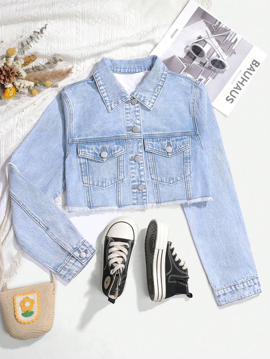 TEEN GIRL All-Match Casual Daily Wear Light Washed Crop Denim Jacket