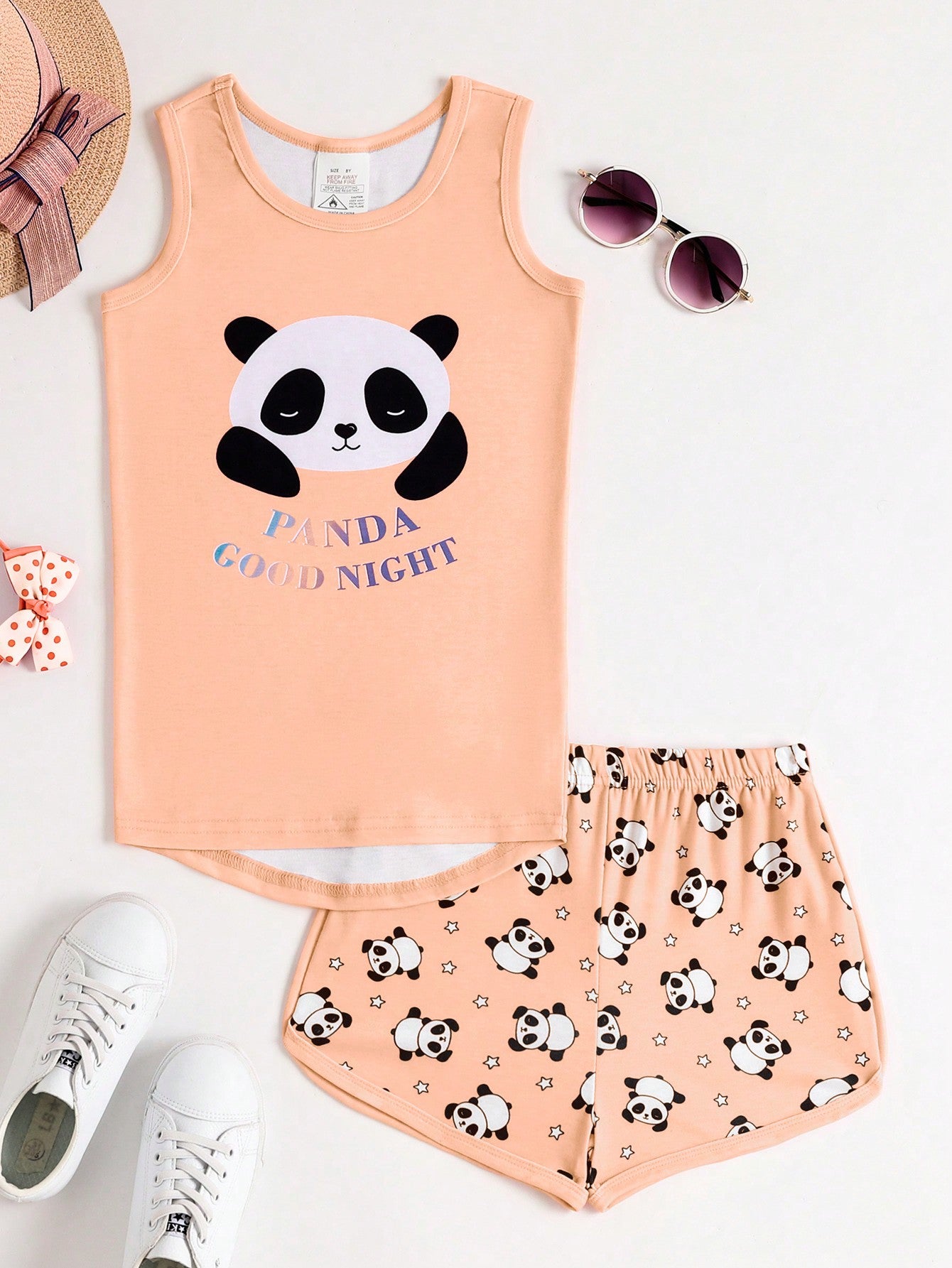 Tween Girl 2pcs Snug Fit Cute Panda Print Top & Shorts Casual Comfy Homewear Set