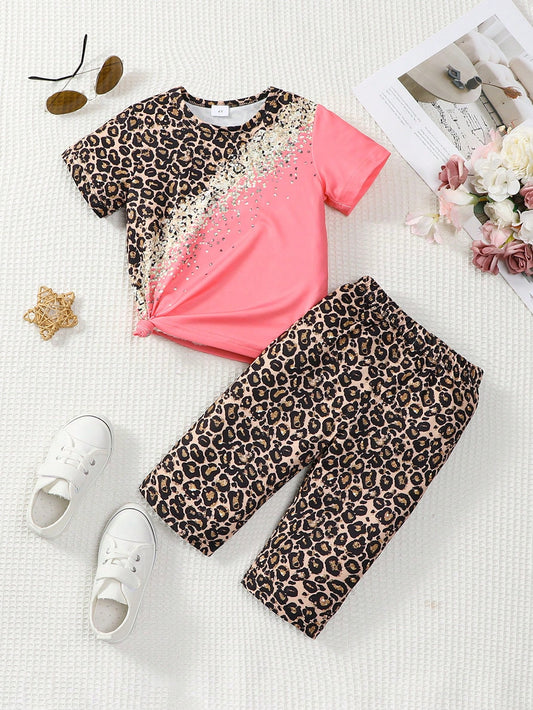 Young Girl Summer Leopard Print Round Neck Short Sleeve Casual T-Shirt And Shorts Set