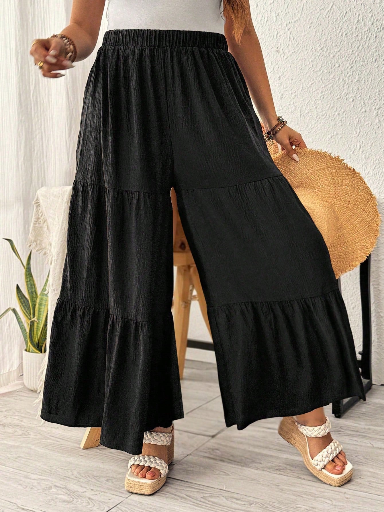 Plus Size Women's Solid Color Simple Loose Wide Leg Pants For Daily Wear