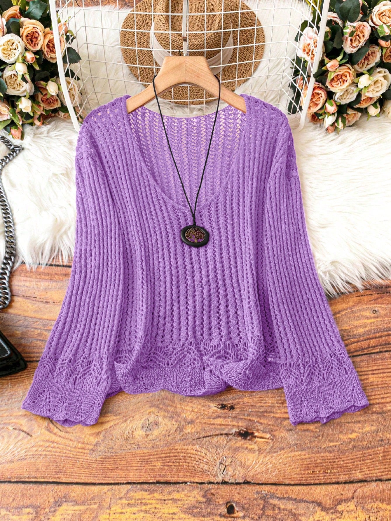 Plus Size Loose Fit Solid Color Ribbed Knit V-Neck Casual Sweater