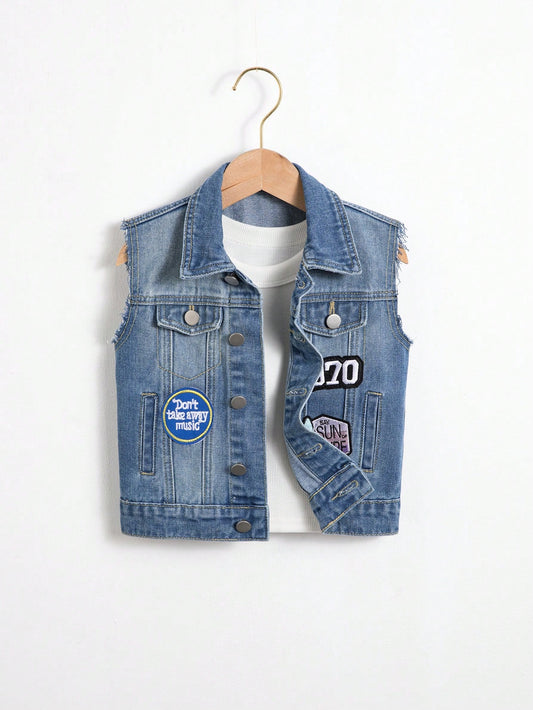 Young Boy Mid-Washed Blue Sleeveless Denim Vest, Regular Fit Jean Vest