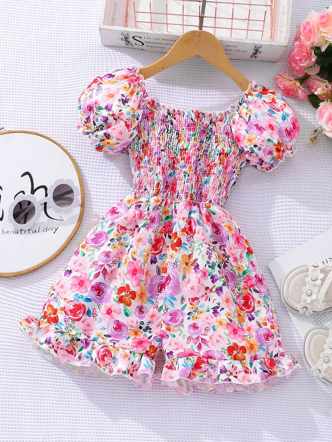 Young Girls' Short Sleeve Floral Overall Jumpsuit With All-Over Print