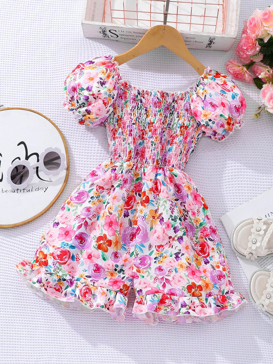 Young Girls' Short Sleeve Floral Overall Jumpsuit With All-Over Print