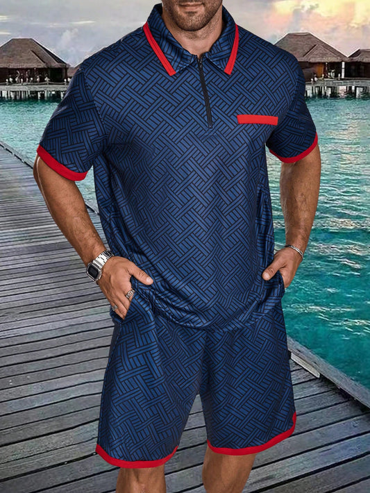 Men Plus Size Color Block Short Sleeve Polo Shirt And Shorts Set