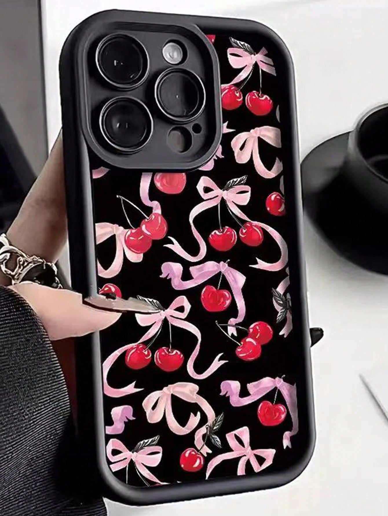 1pc Cherry Bow Pattern Full Coverage Mirror Lens TPU Protective Phone Case, For IPhone