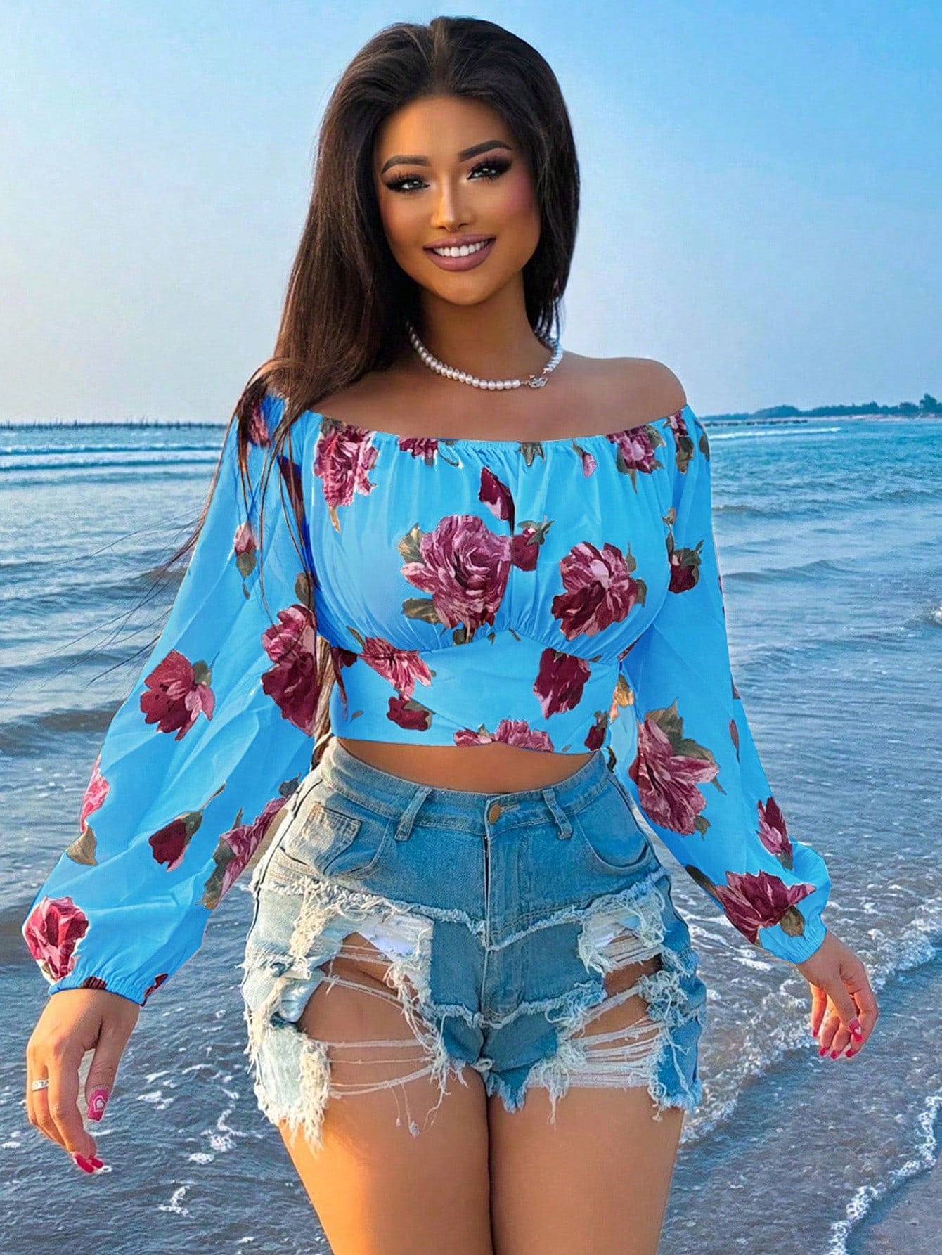 Women's Summer Off-Shoulder Floral Print Resort Casual Shirt