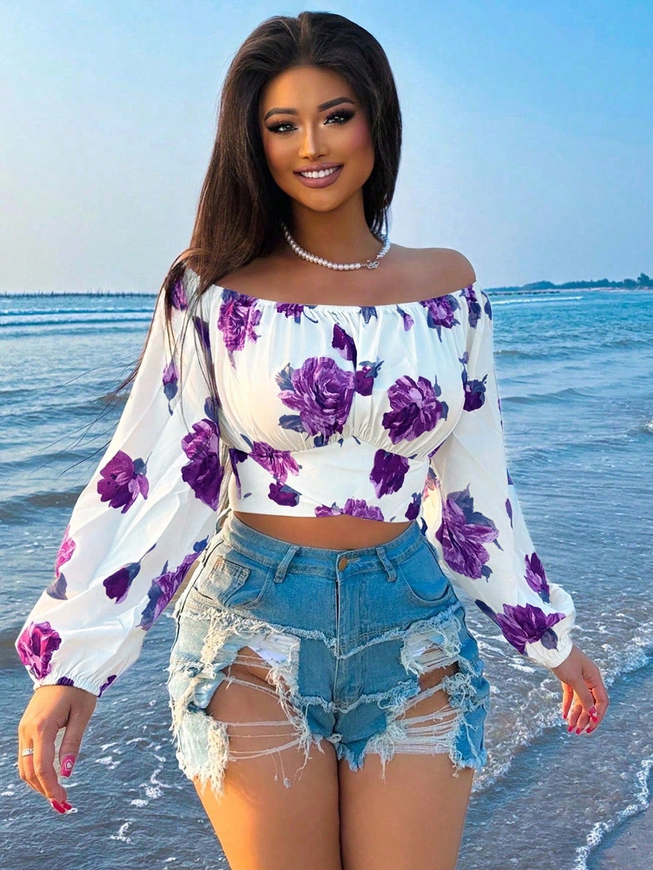 Women's Summer Off-Shoulder Floral Print Resort Casual Shirt