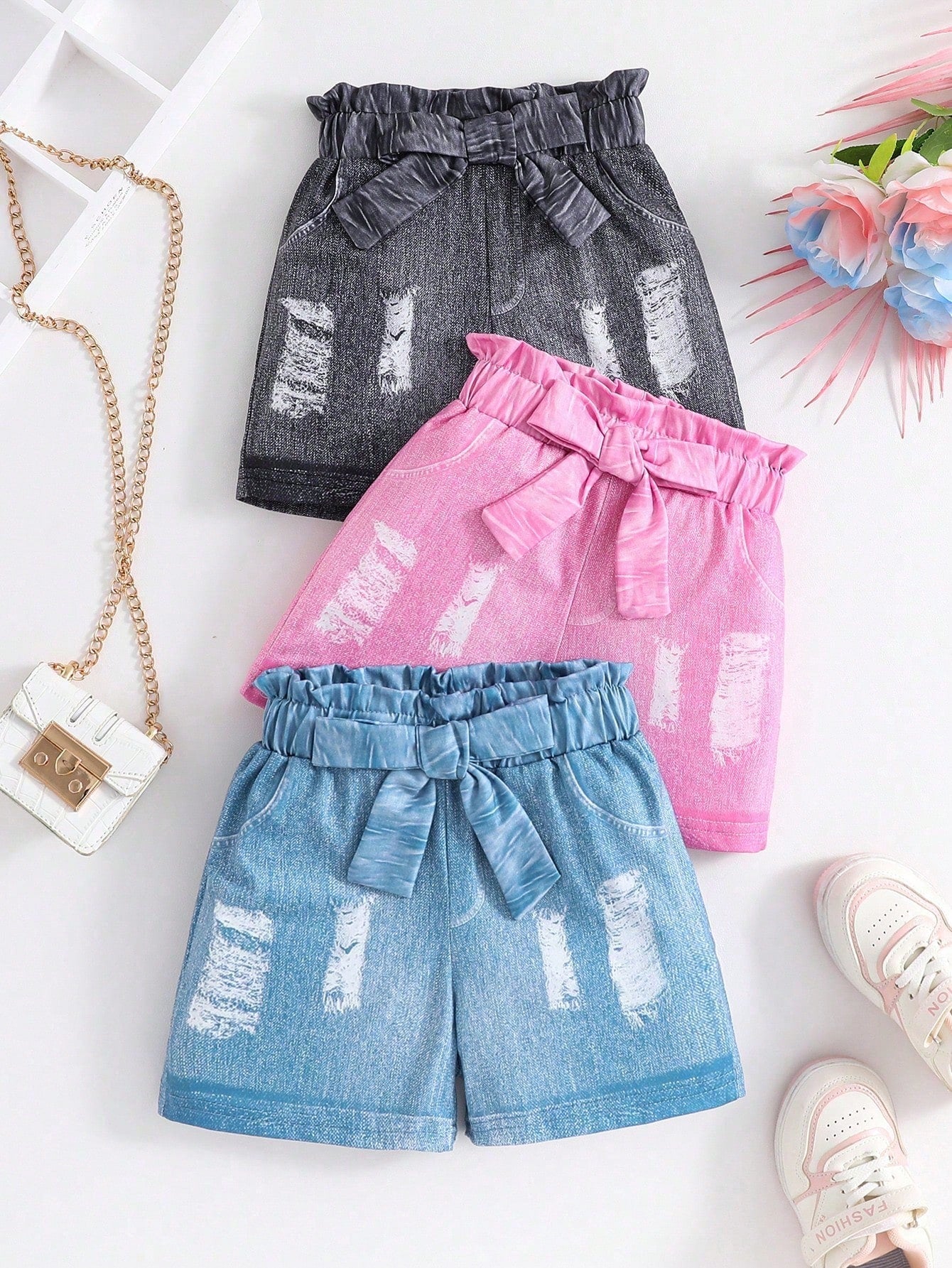 3pcs/Set Tween Girls' Distressed Effect Printed Shorts