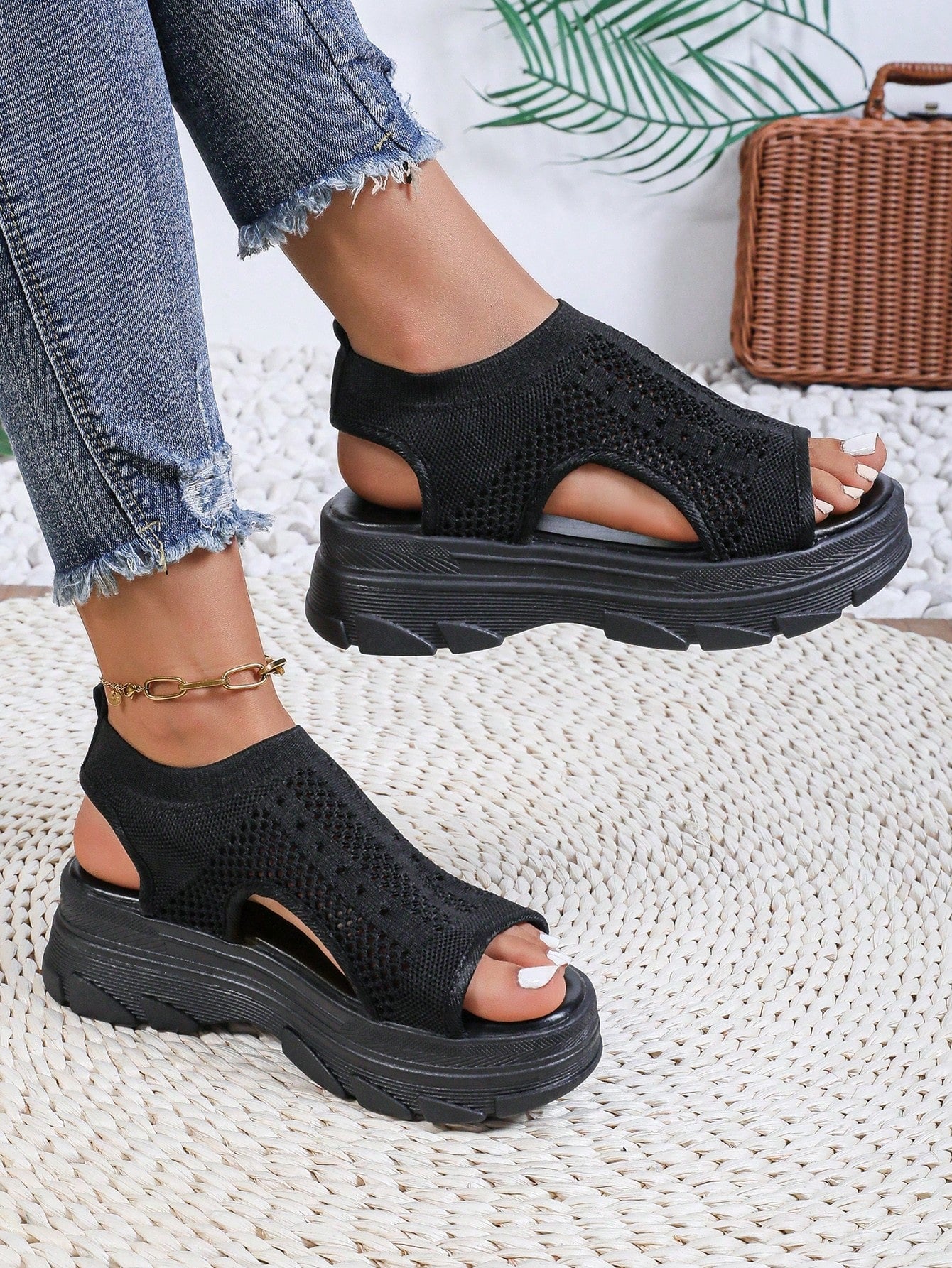 Women Slippers Summer Plus Size Wedge Chunky Platform Pink Slides High Heel Beach Sandals Casual Woven Pink Slippers