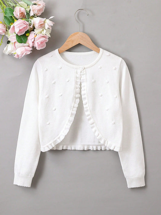 Tween Girl Frill Trim Open Front Cute Cardigan With Long Sleeves