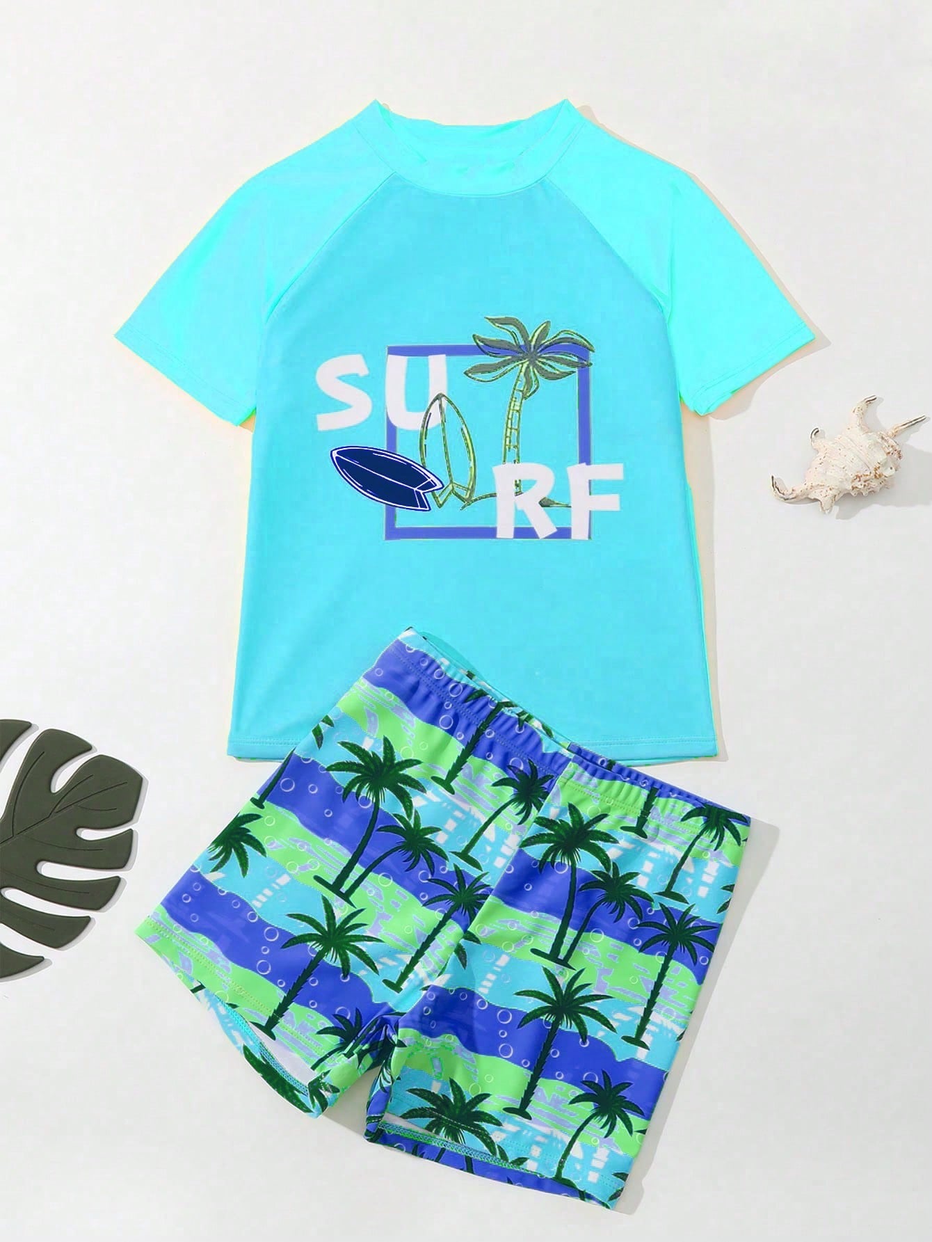 Tween Boy Tropical & Letter Print Swimwear Set, Youth