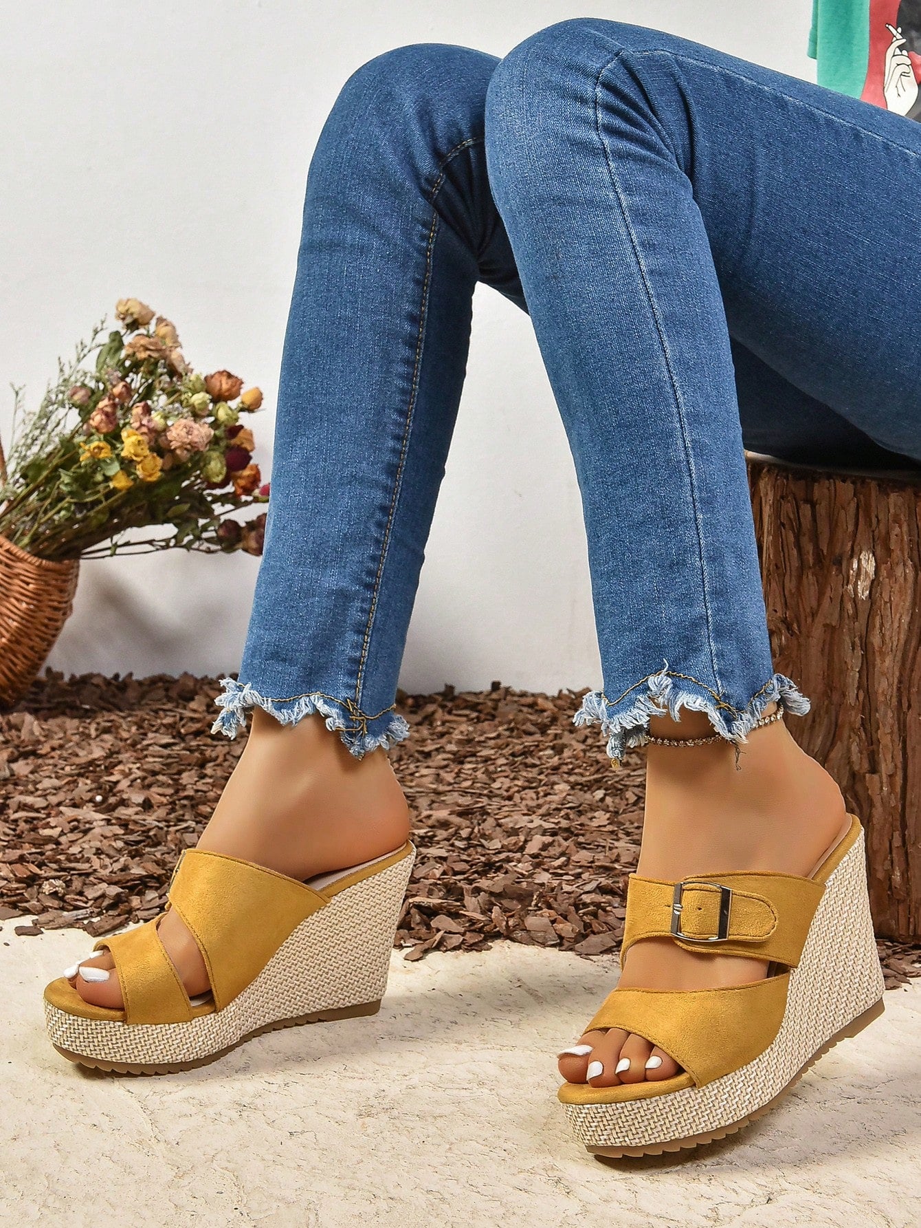 2024 New Spring Summer Women Sandals Fish Mouth Wedge Heel Platform Velvet High-Heeled Slippers British Style Large Size Women Shoes For Outdoor Wear