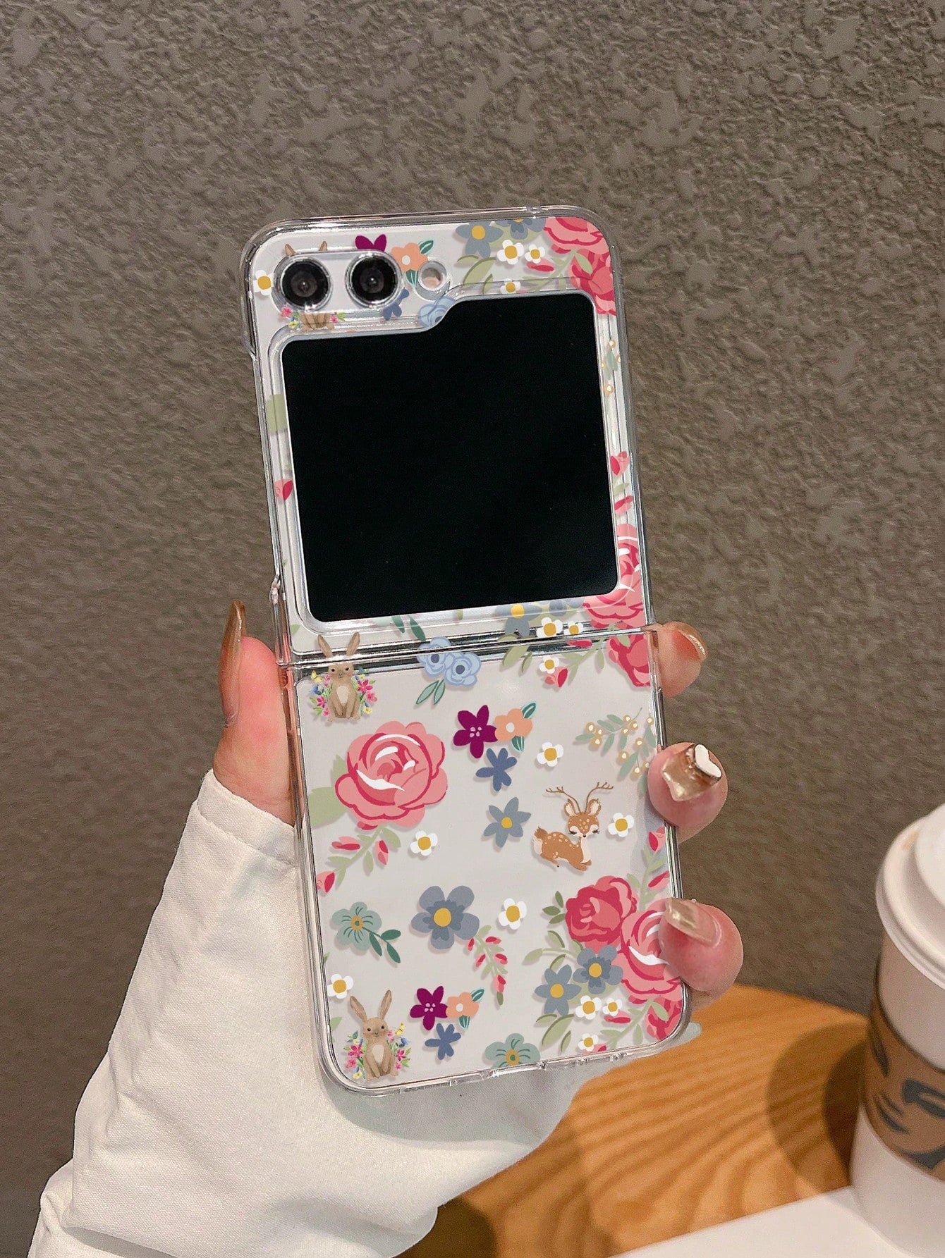 1pc Floral Print Foldable Transparent Hard Shell Protective Case Compatible With Samsung Flip3, Flip4, Flip5