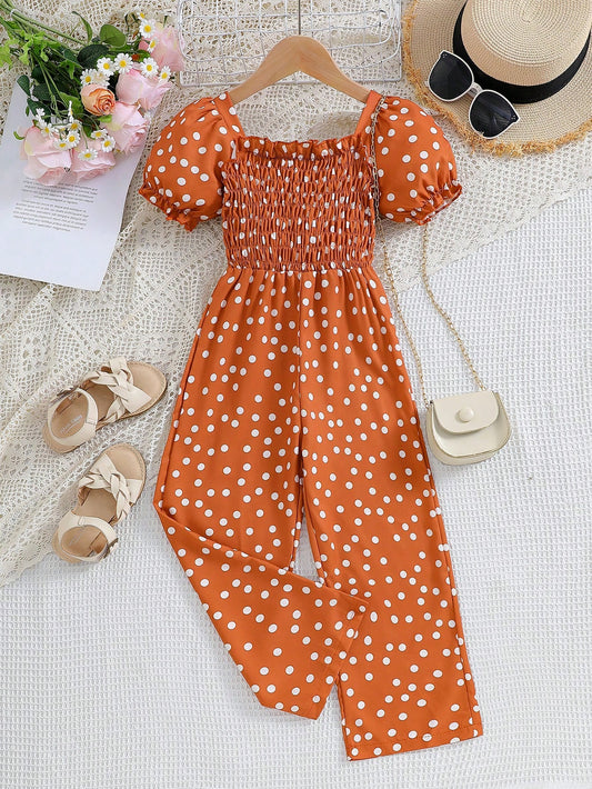 Young Girl's Short Sleeve Polka Dot Deep Shirred Wide-Leg Loose Casual Jumpsuit