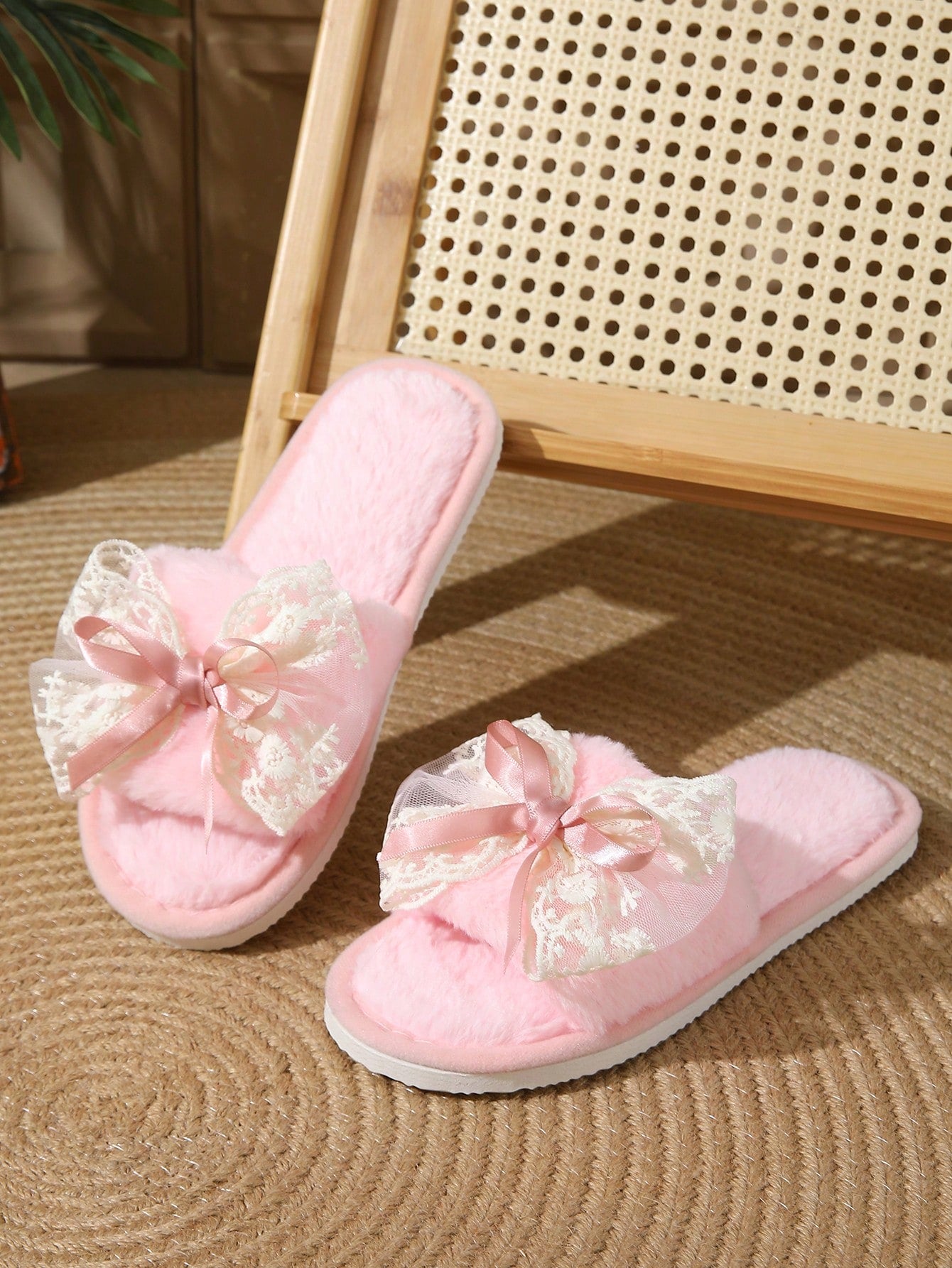 Fluffy Bowknot Slippers For Women, Soft Indoor House Shoes, Silent Anti-Slip Plush Slides