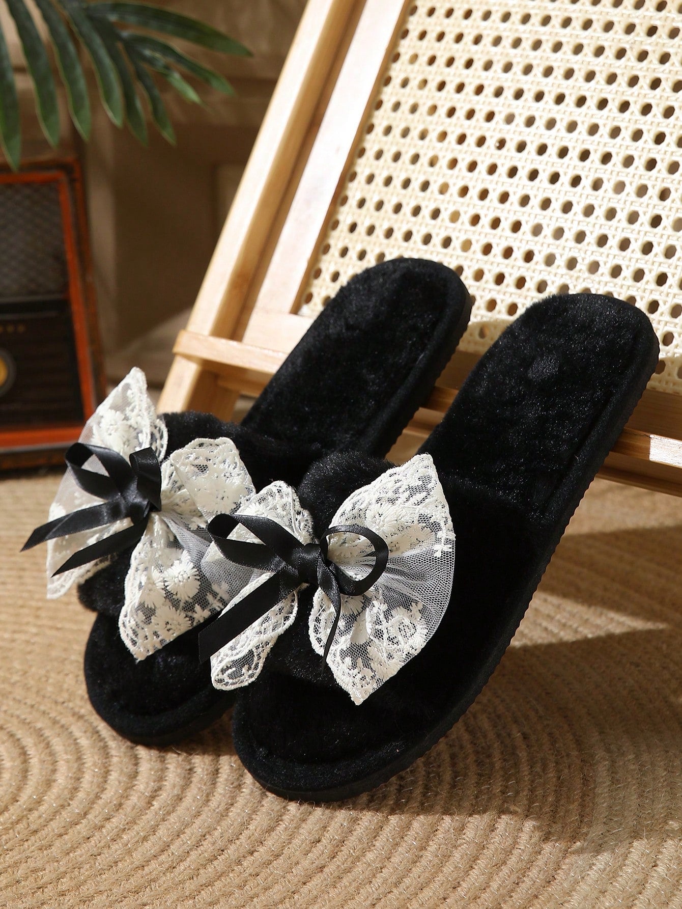 Fluffy Bowknot Slippers For Women, Soft Indoor House Shoes, Silent Anti-Slip Plush Slides