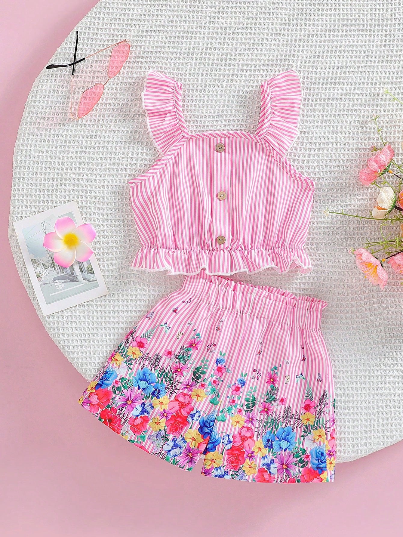 Young Girl Elegant And Flower Patterned Button Design Tank Top With Elastic Shorts Set, Suitable For Vacation And Travel In Spring And Summer