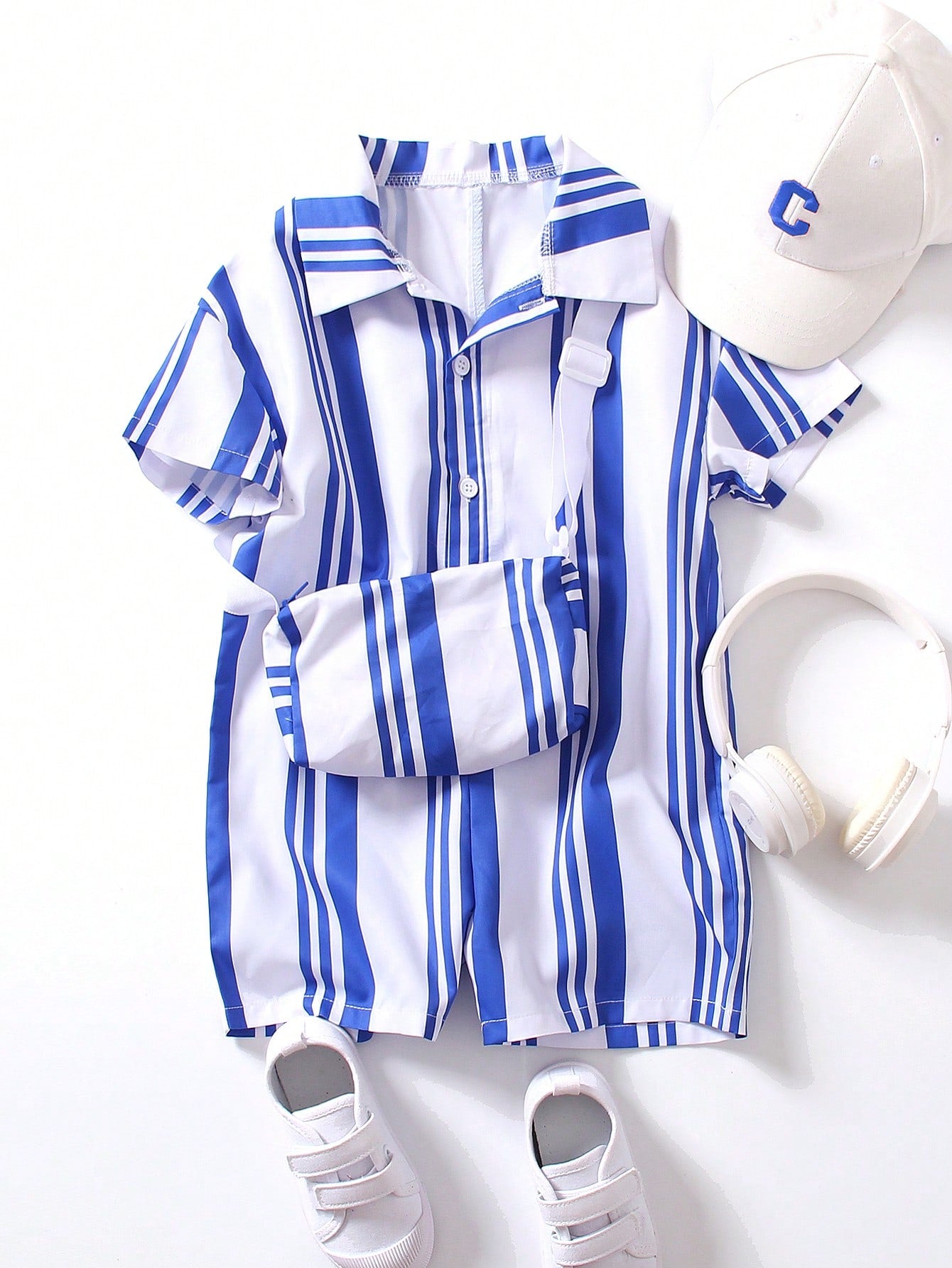 Young Boy Striped Jumpsuit With Shoulder Bag, Beach Vacation Casual Comfortable Daily Cute Spring/Summer Outfits