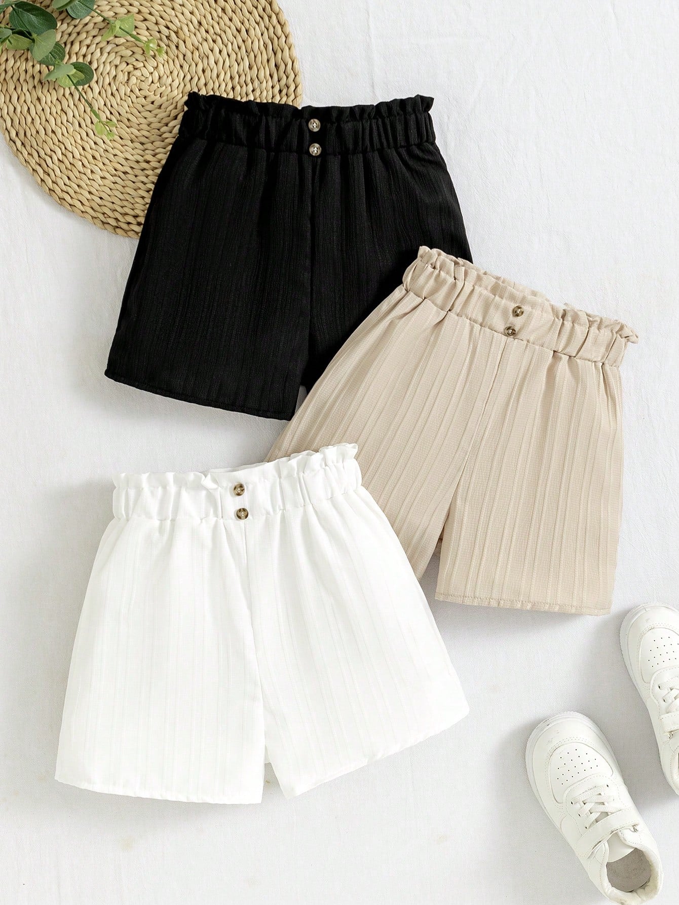 3pcs/Set Tween Girl Casual Solid Color Buttoned Shorts, Summer