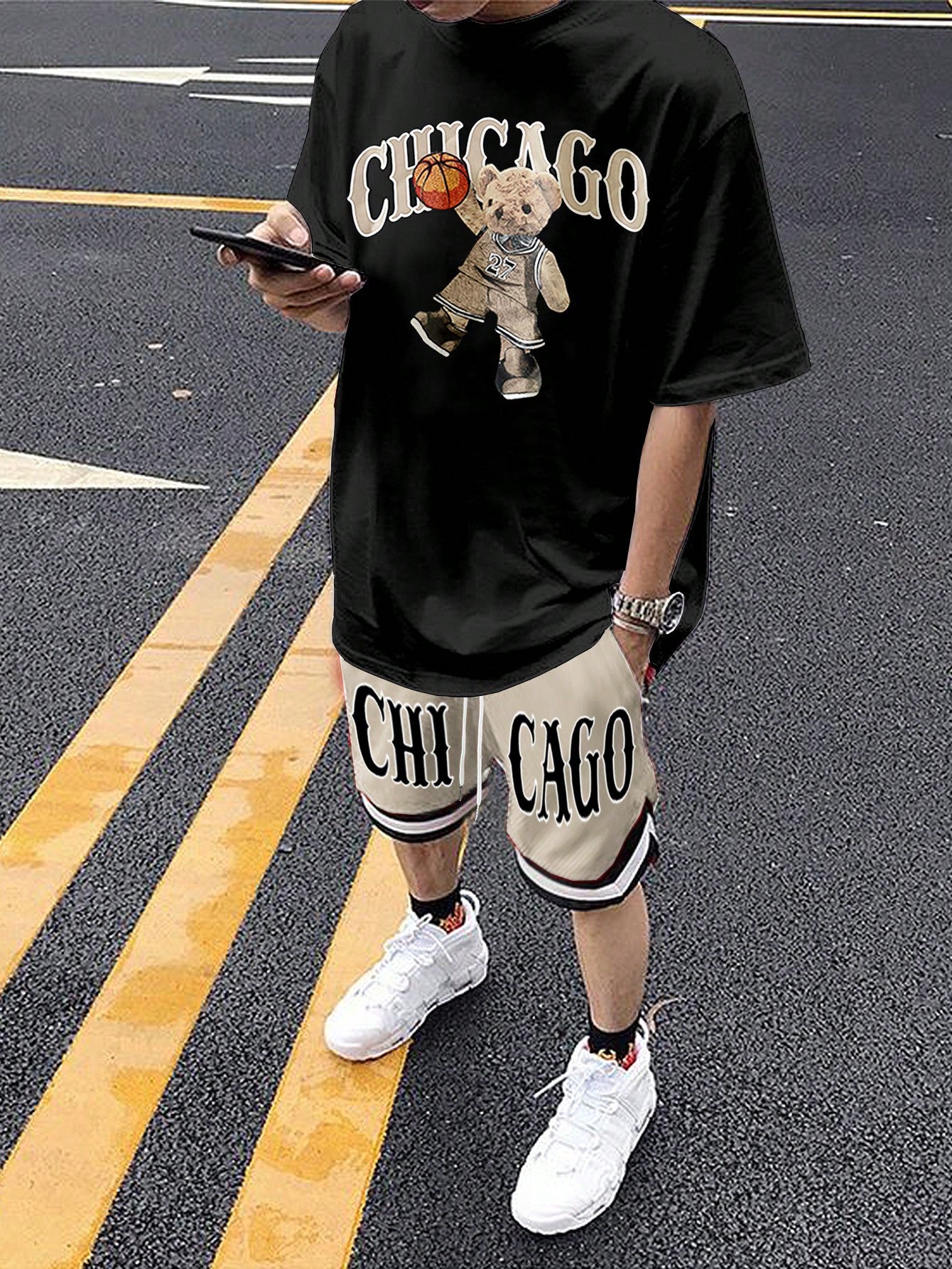 Men's Cartoon Teddy Bear & Letter Printed Oversized T-Shirt And Basketball Shorts Outfits