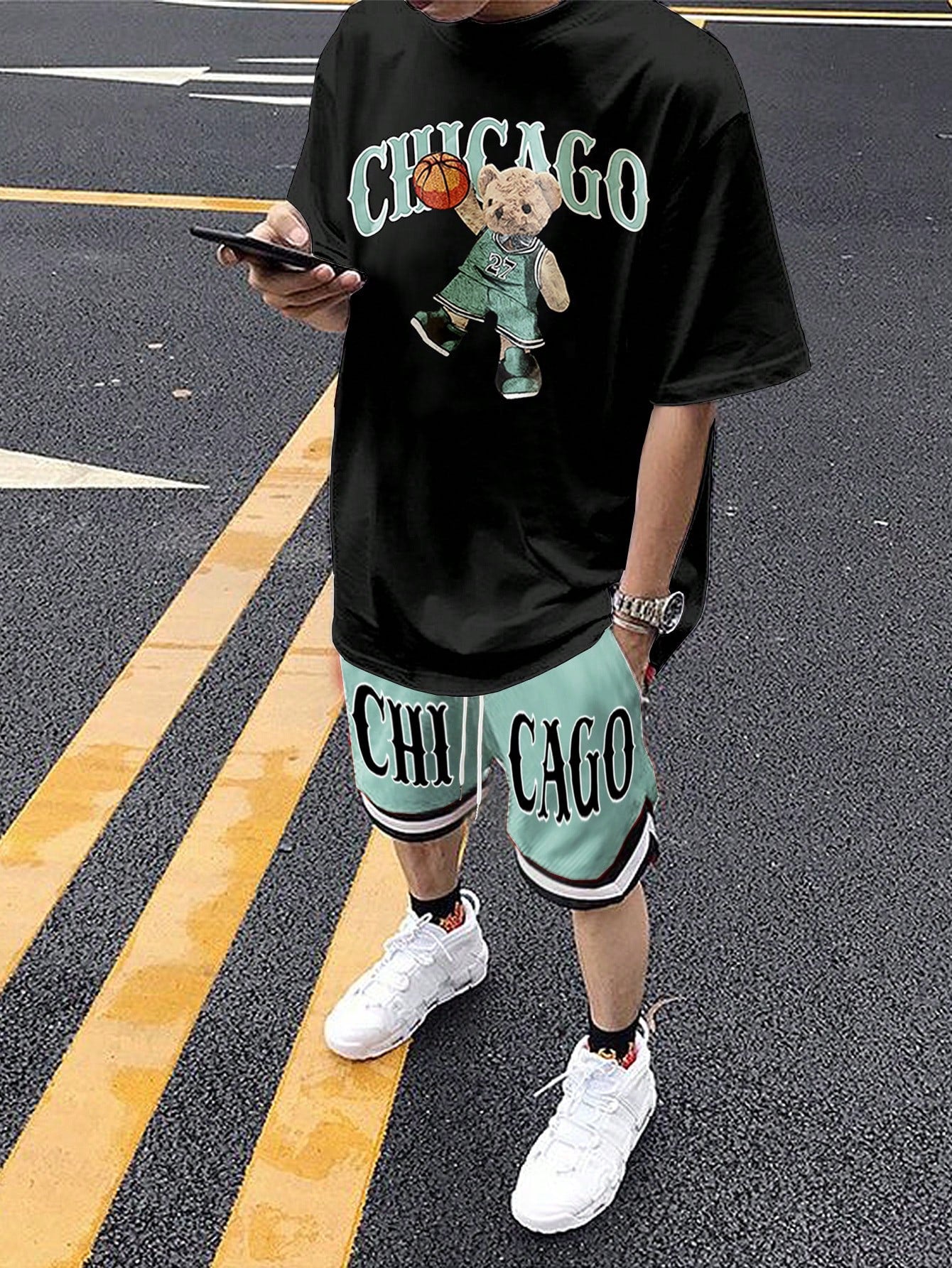 Men's Cartoon Teddy Bear & Letter Printed Oversized T-Shirt And Basketball Shorts Outfits