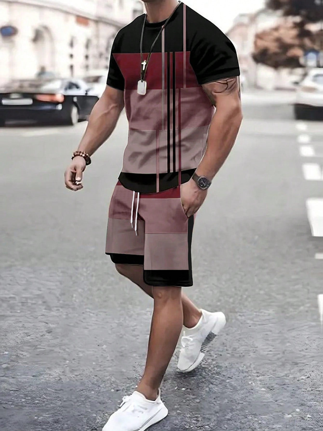 Men's Color Block Round Neck Short Sleeve Casual T-Shirt And Drawstring Waist Shorts Set, Summer