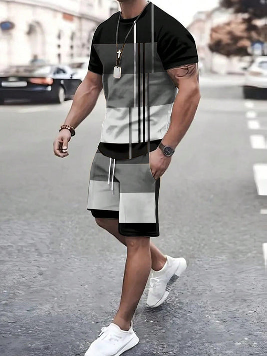 Men's Color Block Round Neck Short Sleeve Casual T-Shirt And Drawstring Waist Shorts Set, Summer