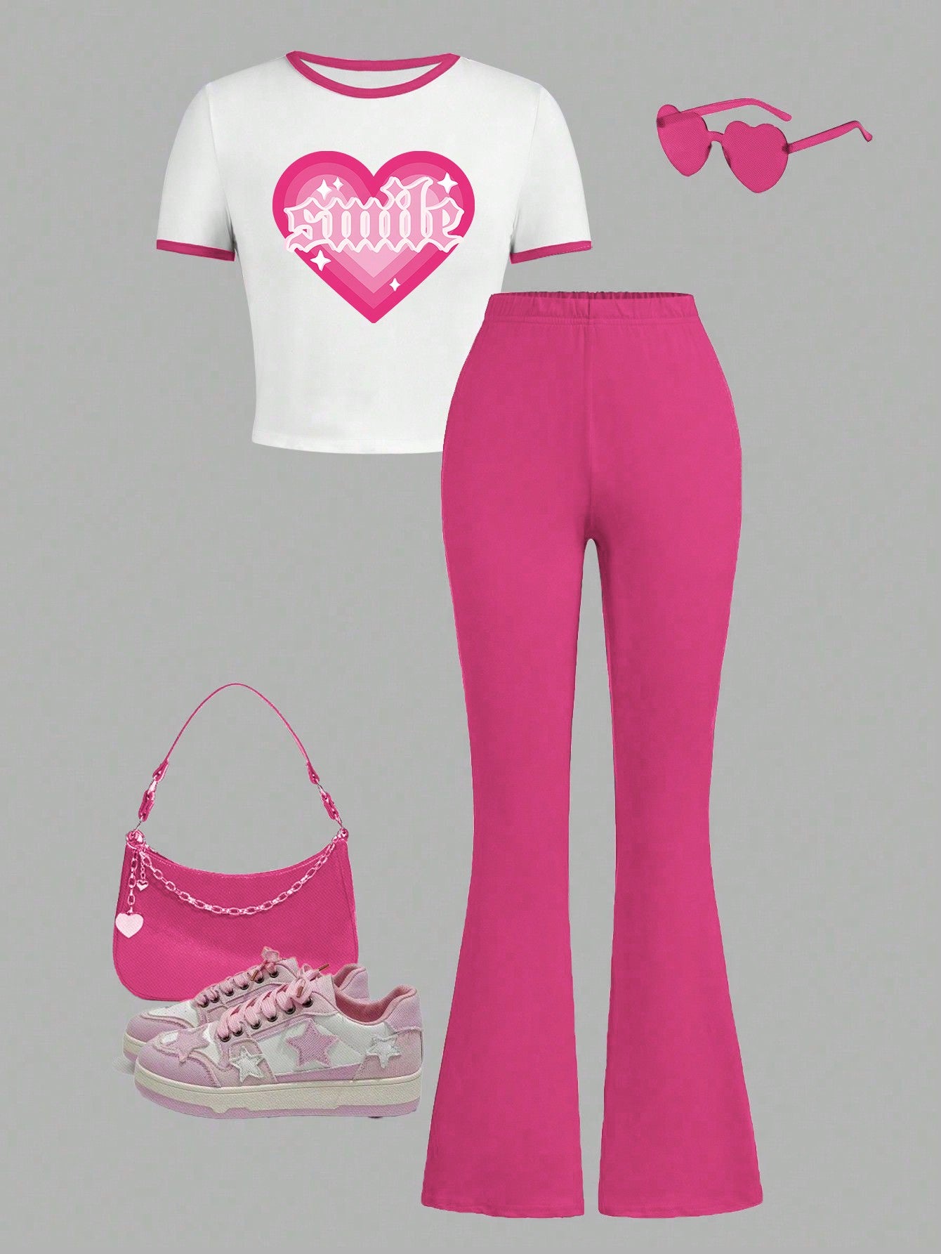 Tween Girl Heart Printed Cropped T-Shirt And Flare Pants Two-Piece Set