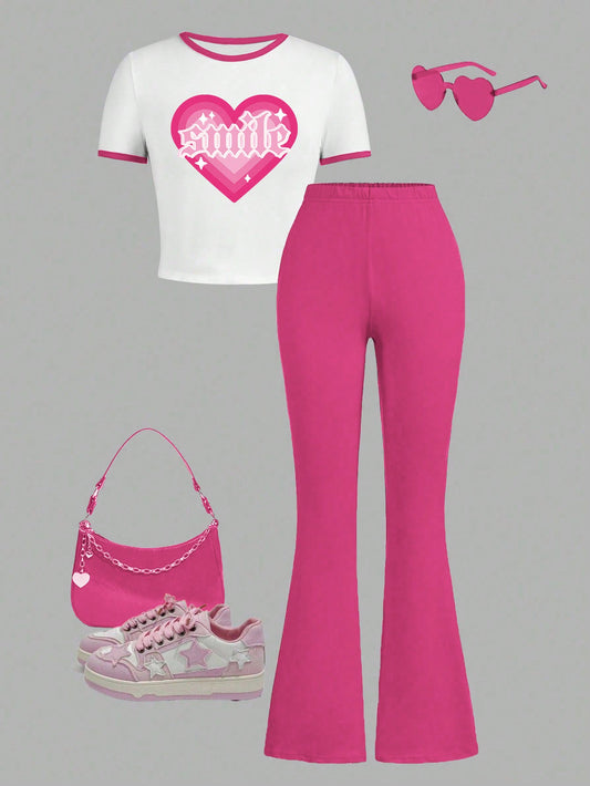 Tween Girl 2pcs/Set Heart Printed Cropped T-Shirt And Bell Bottom Pants