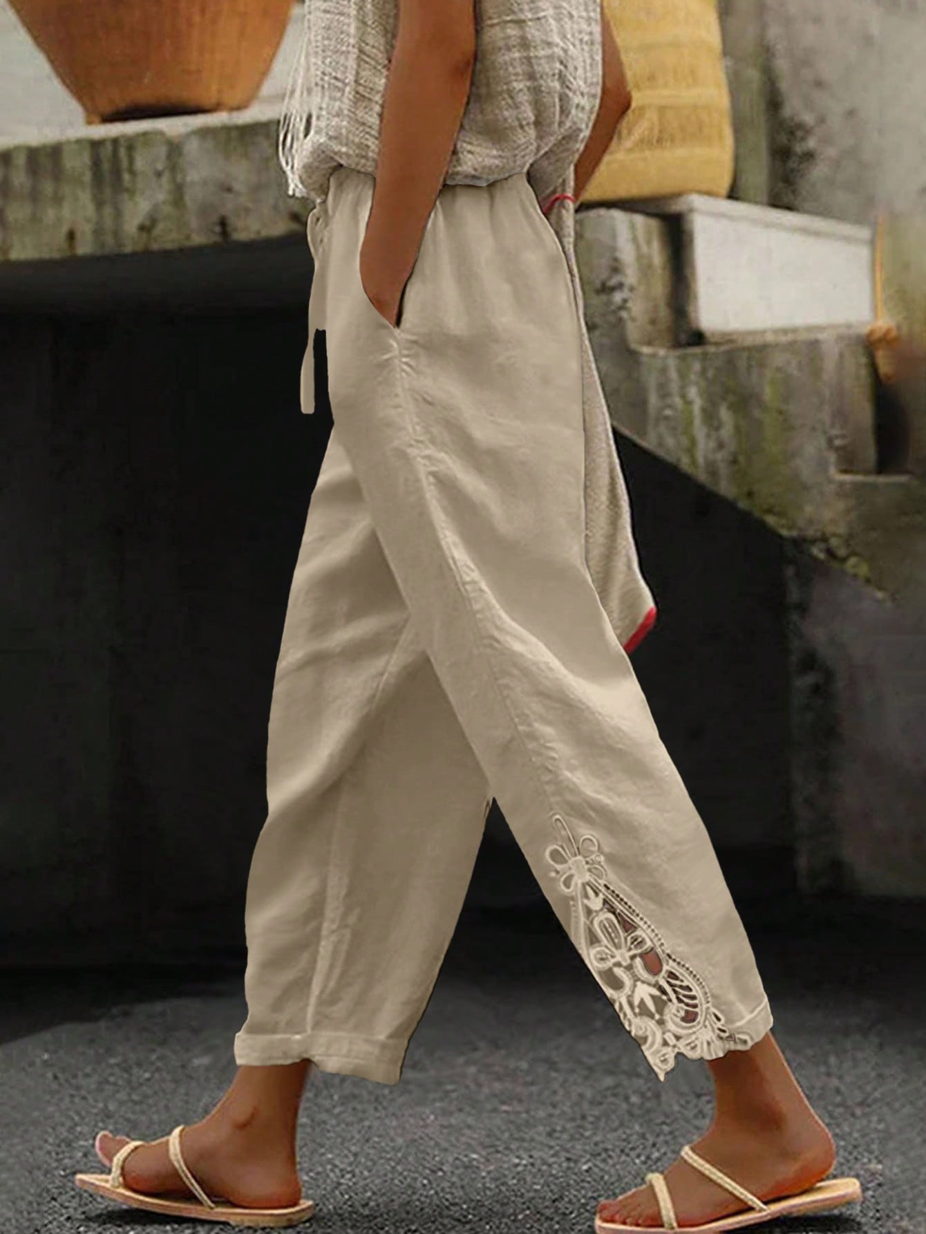 Patchwork Soluble Lace Elastic Waist Slant Pocket Relaxed Fit Straight Leg Pants