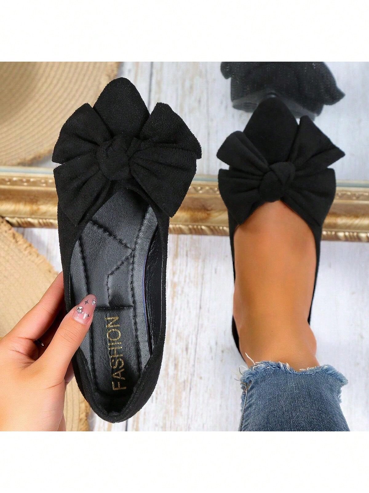 2024 Spring Flat Women\ Sweet Grand Bowknot Grandma Shoes Shallow Mouth Soft Comfortable Black All-Match For Work