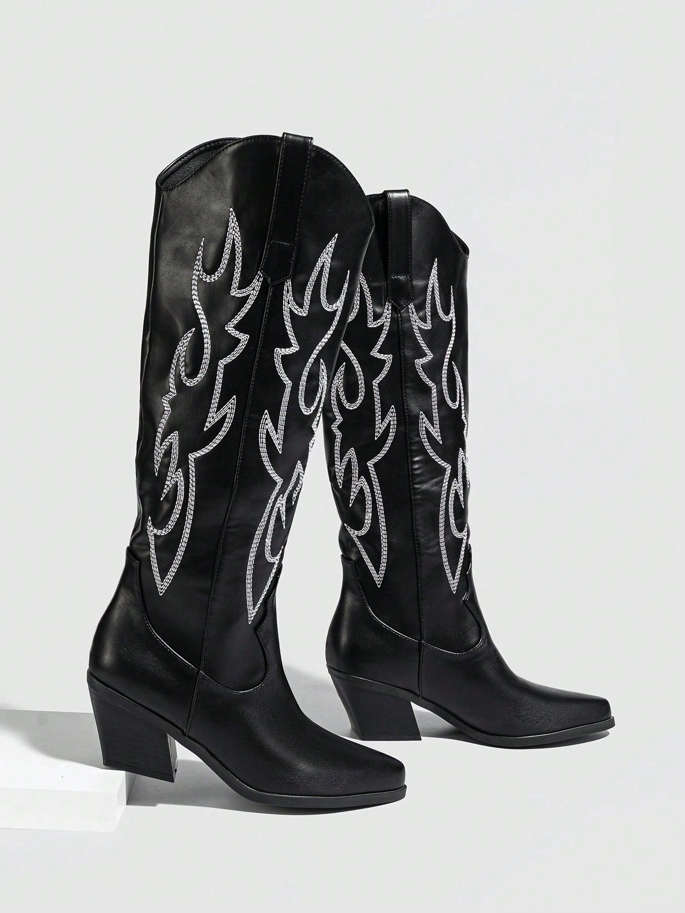 Women's Western Style Embroidered Pointed Toe Chunky & Mid-Heel Knee-High Boots, Winter Warm Velvet Fashion Slip-On Booties