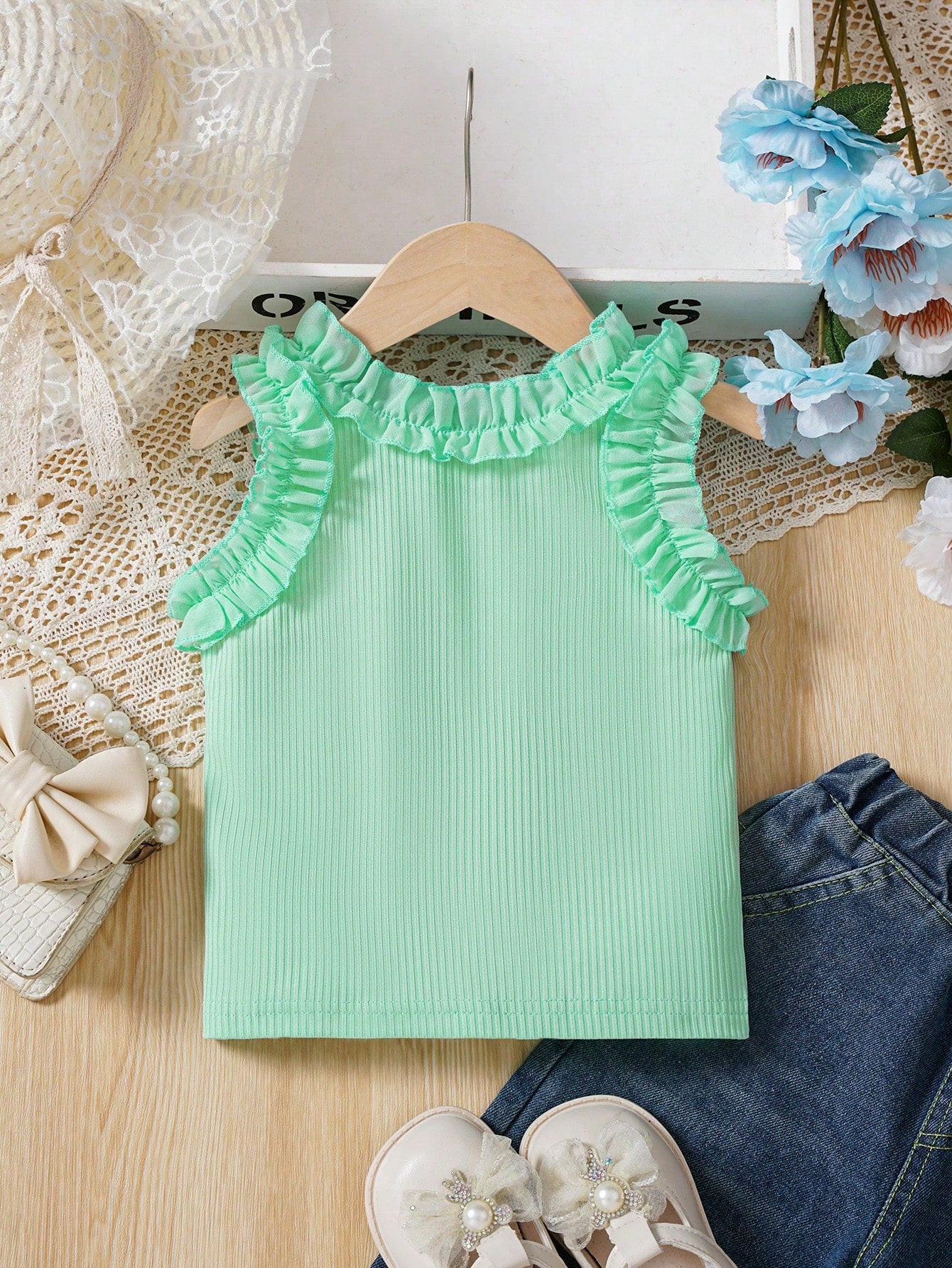 Young Girl Fashionable Ruffled Trim Tank Top For Summer