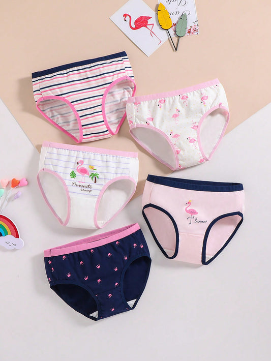 5pcs Young Girl Striped Flamingo Crown Printed Triangle Underwear