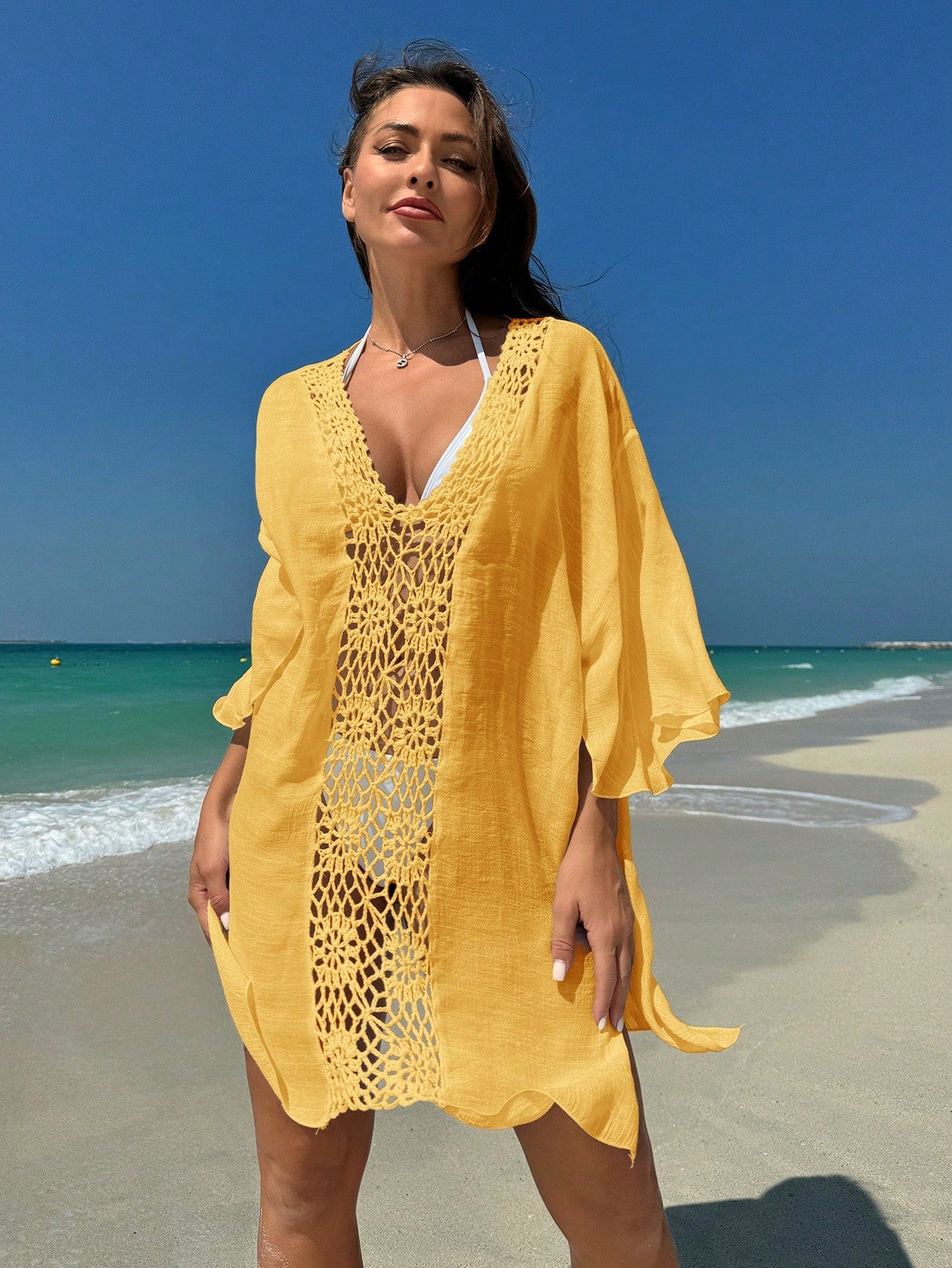 Summer Solid Color Hollow Out Patchwork Side Slit Beach Cover-Up