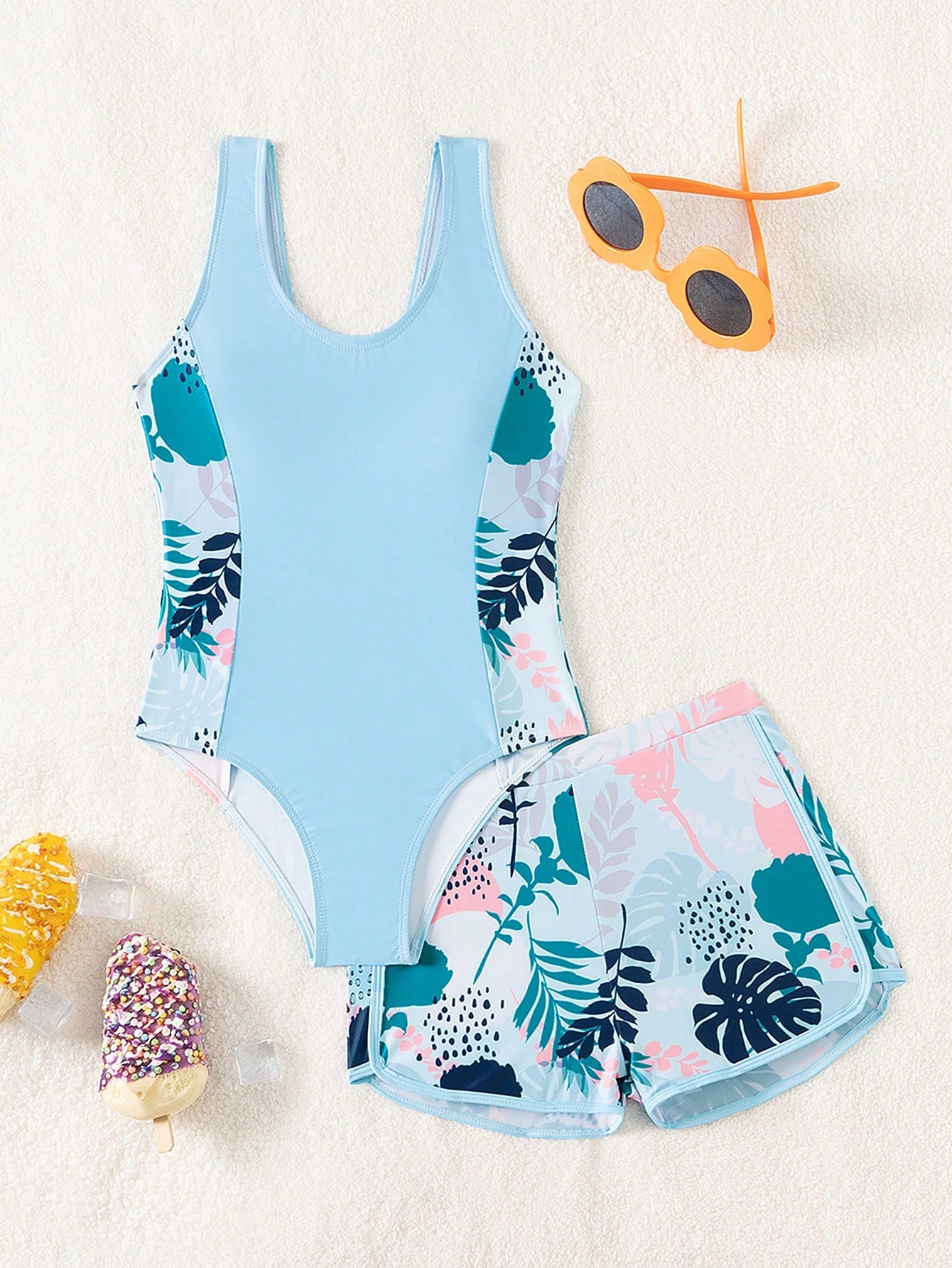 Girls' (Big) Swimsuit/One-Piece Swimsuit/Printed With Ruffles/ 2pcs Set