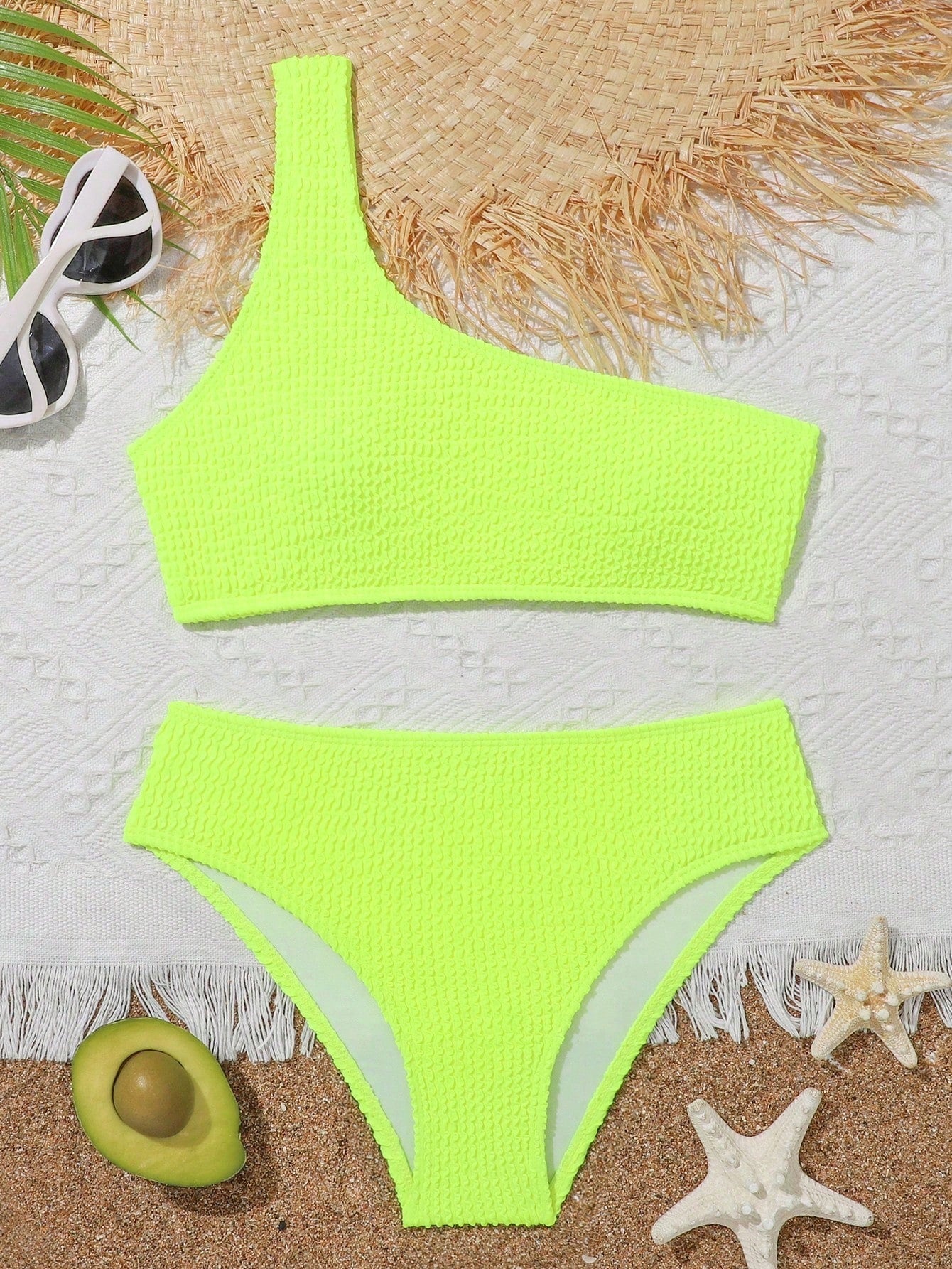 Tween Girl Plain Smocked One Shoulder Bikini Set Summer Beach