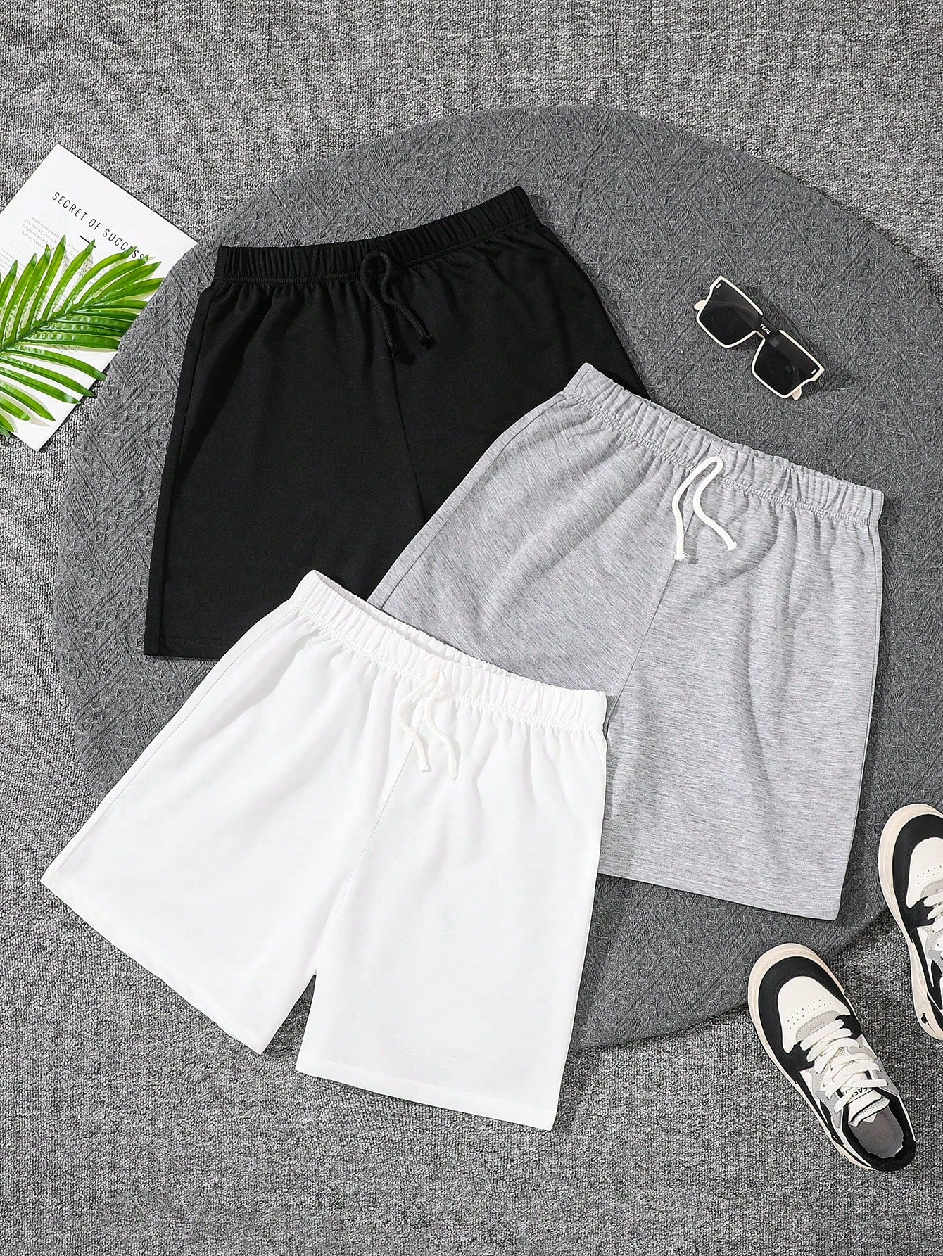 3pcs Teen Boy Casual Knit Shorts Set, Comfortable And Simple Style, Suitable For Summer, Outing And Casual Wear