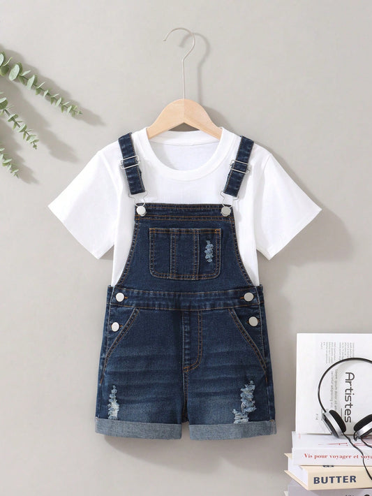 Tween Girl Summer Casual Distressed Denim Overalls