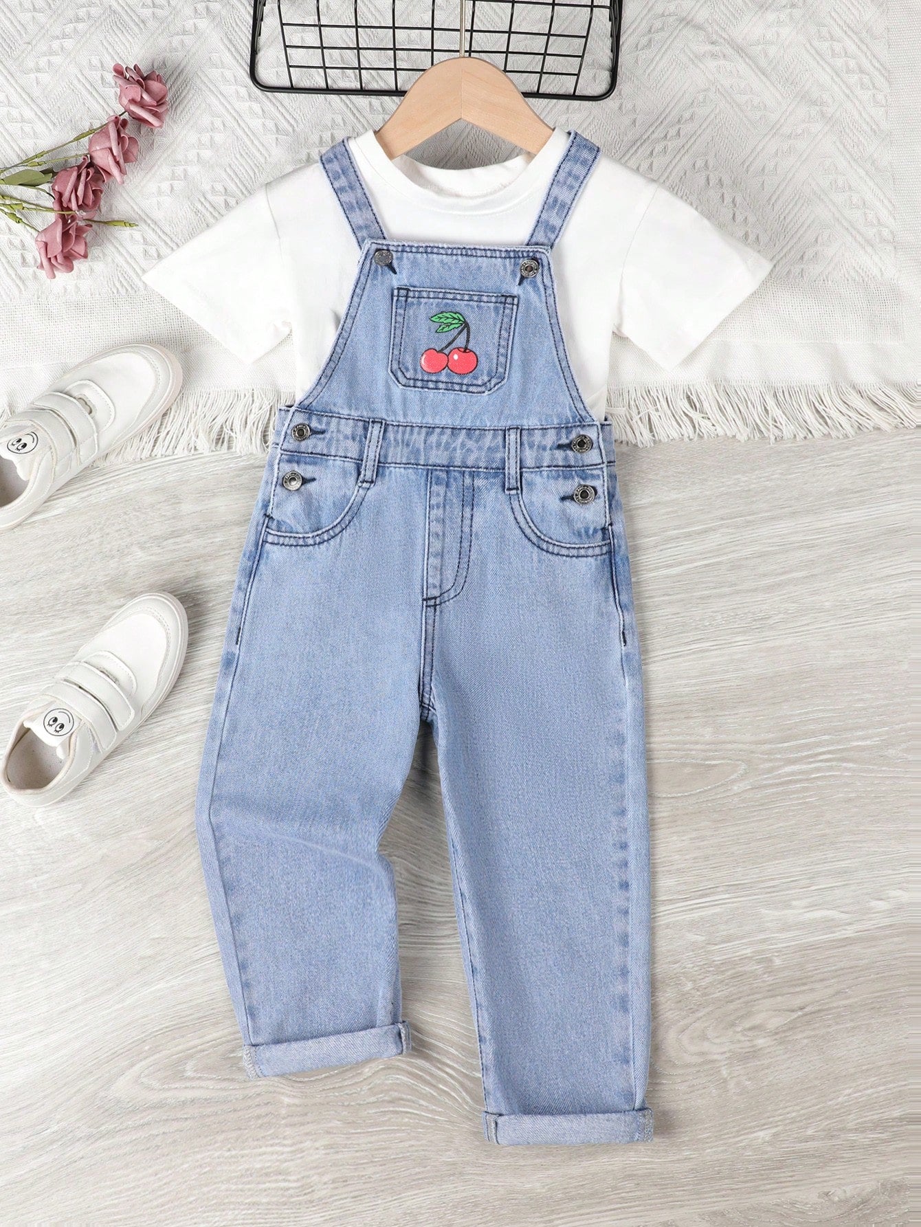 Young Girl Cherry Print Denim Overall Jumpsuit